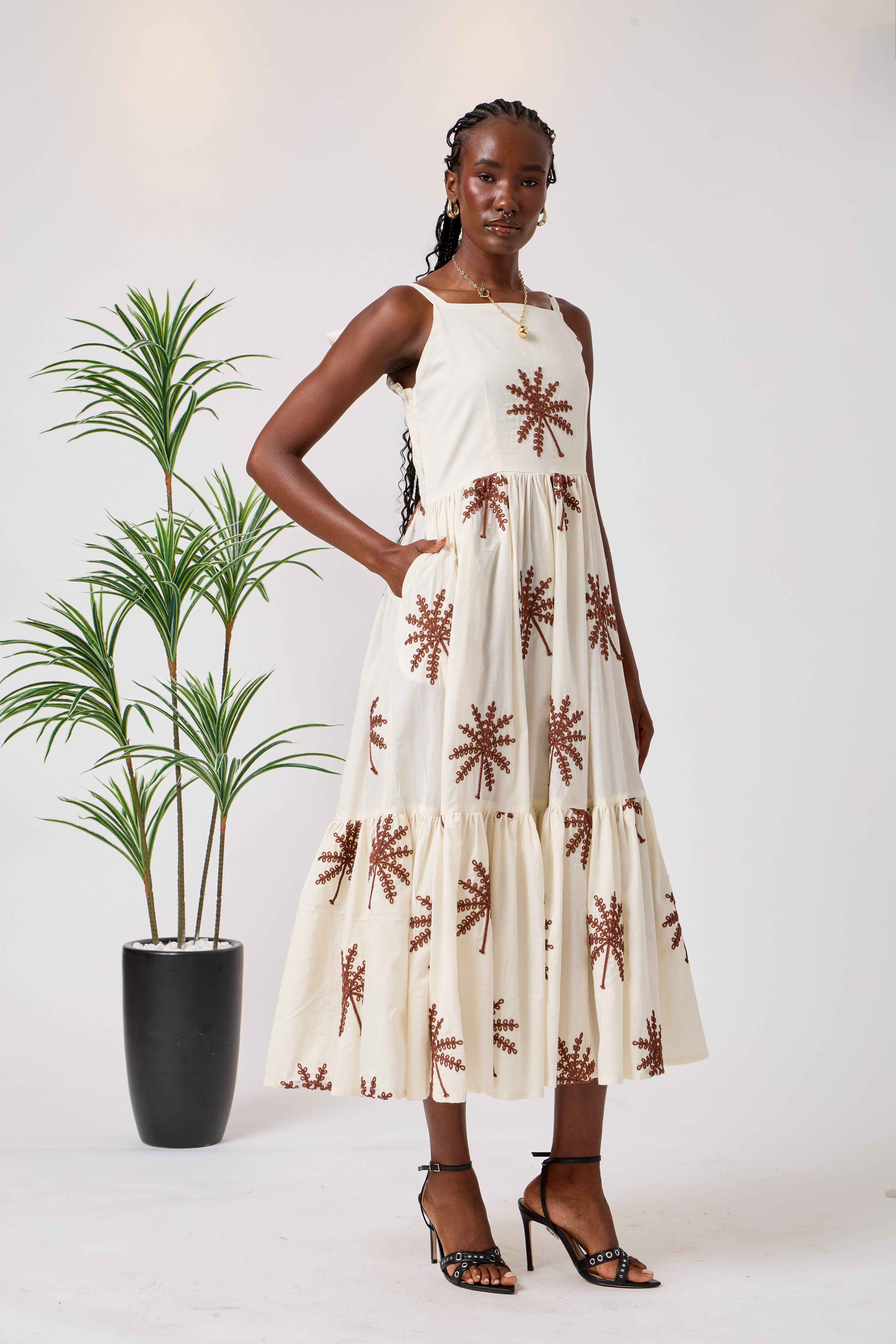 Cream Cotton Summer Liberty Midi Dress with Palm Embroidery, Tiered Hem & Adjustable Shoulder Straps | Nakhla
