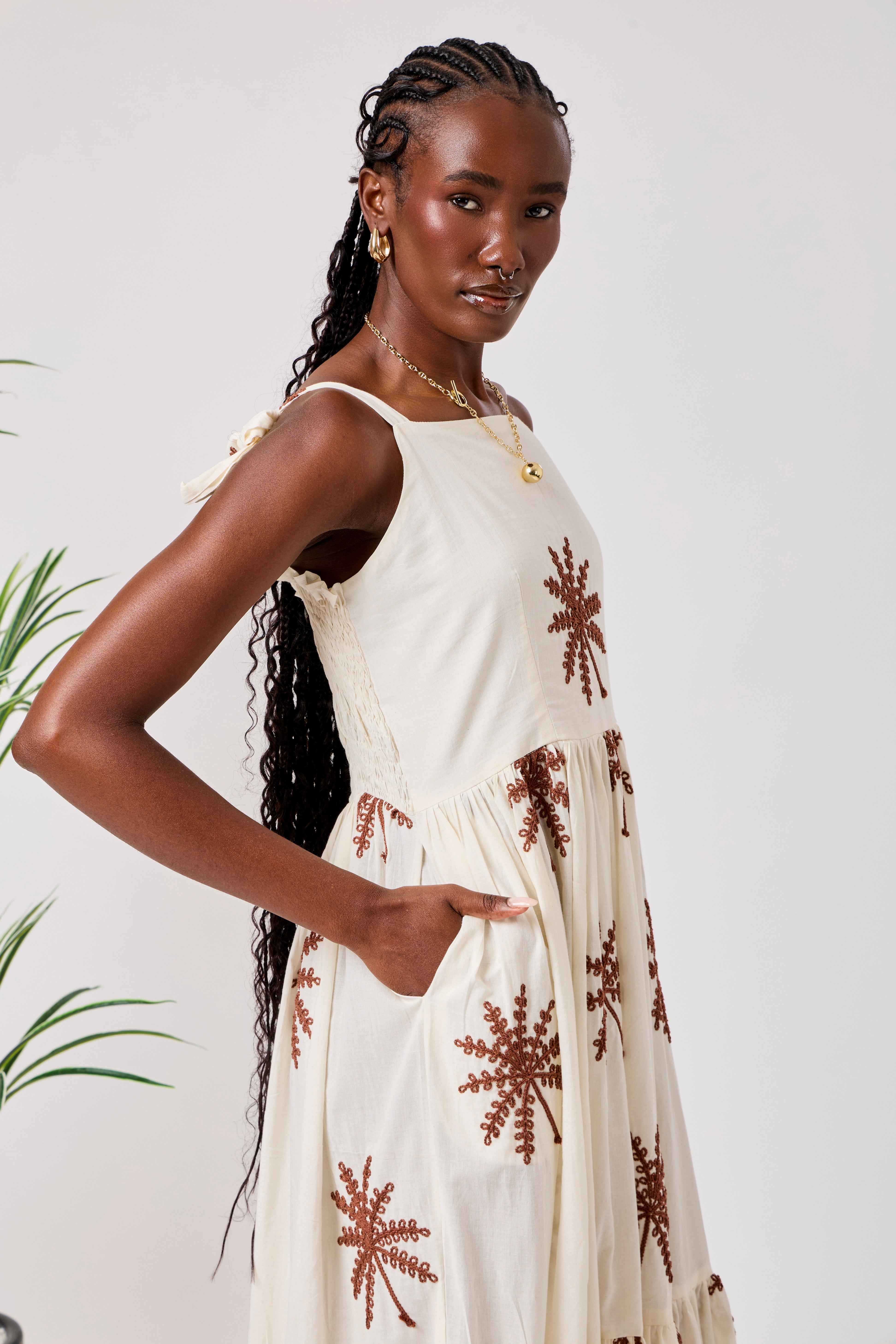 Cream Cotton Summer Liberty Midi Dress with Palm Embroidery, Tiered Hem & Adjustable Shoulder Straps | Nakhla