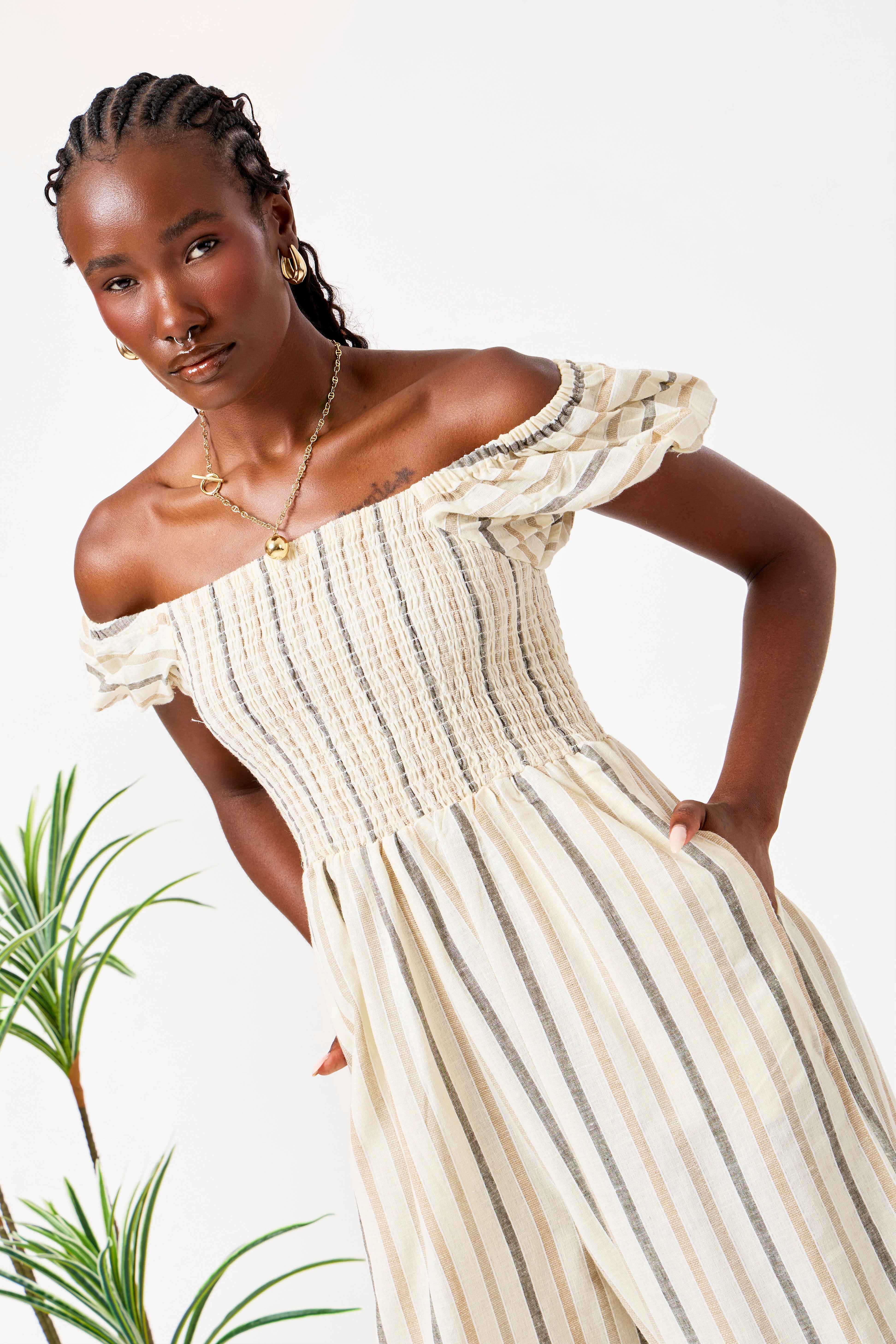 Beige Cotton Linen Blend Striped Smocked Jumpsuit for Women with Puff Sleeves & Wide-Leg Fit | Zahr