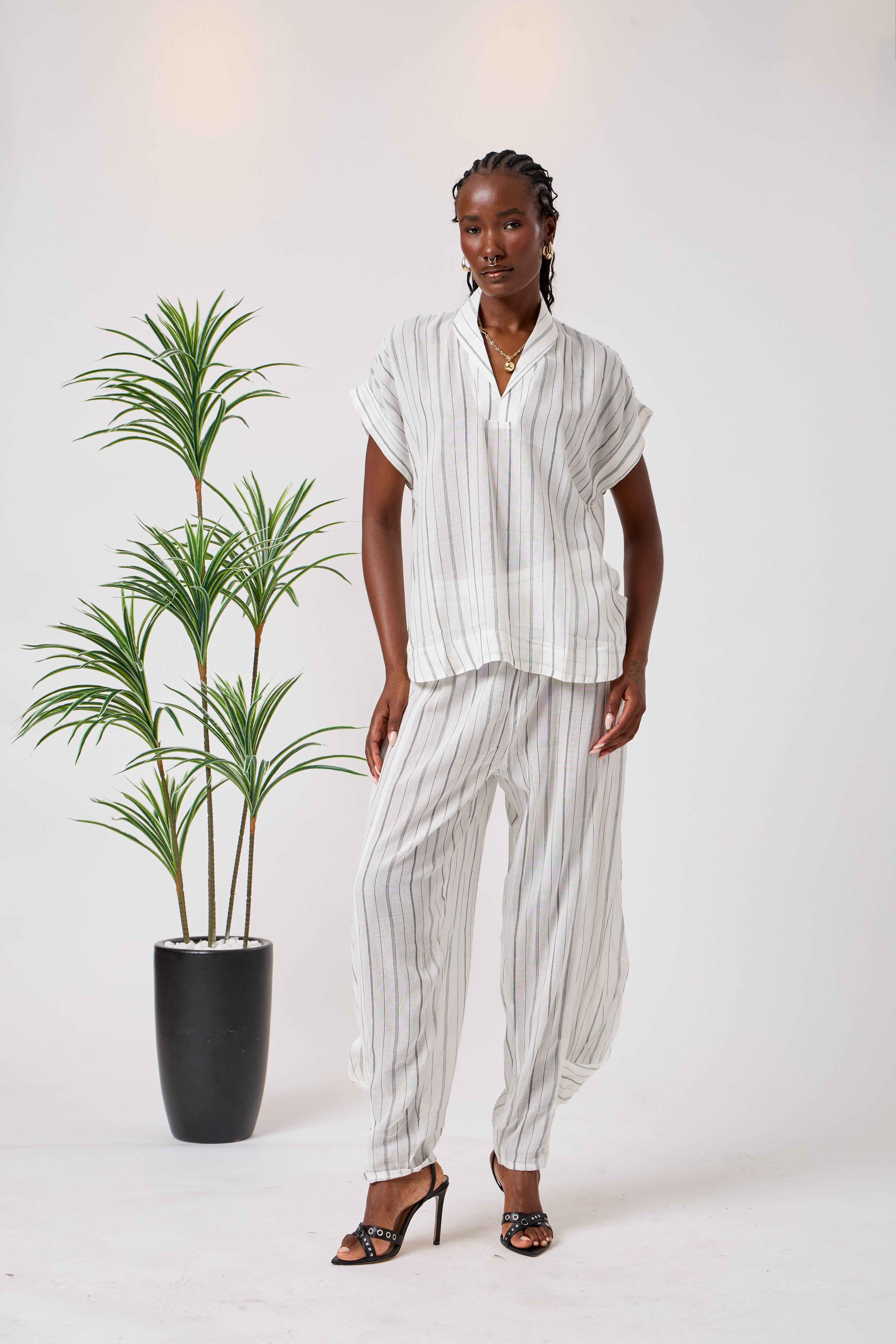Cotton Cover-Up Co-Ord Set with Relaxed Striped Top & Tapered Trousers | Basmah