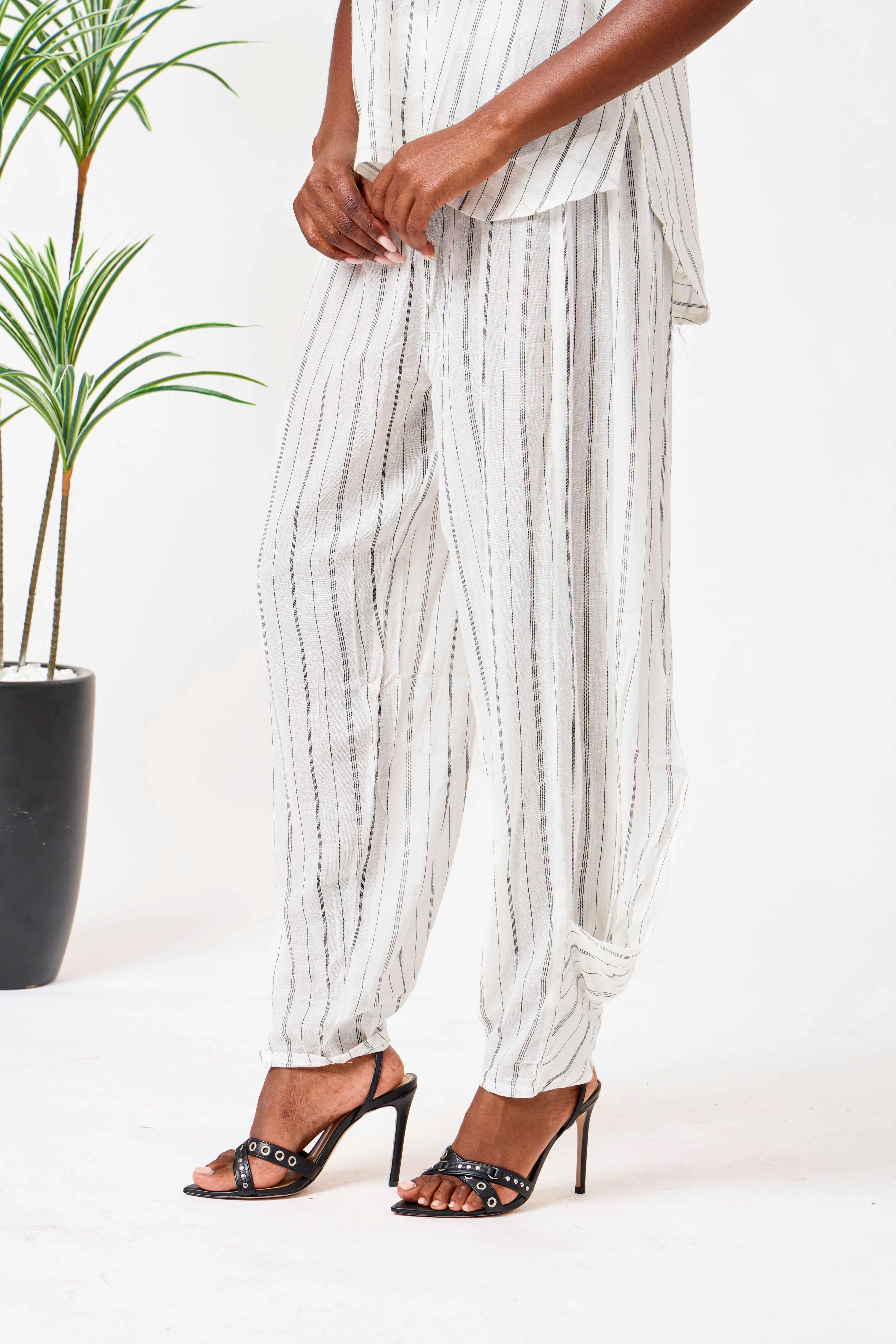 Cotton Cover-Up Co-Ord Set with Relaxed Striped Top & Tapered Trousers | Basmah