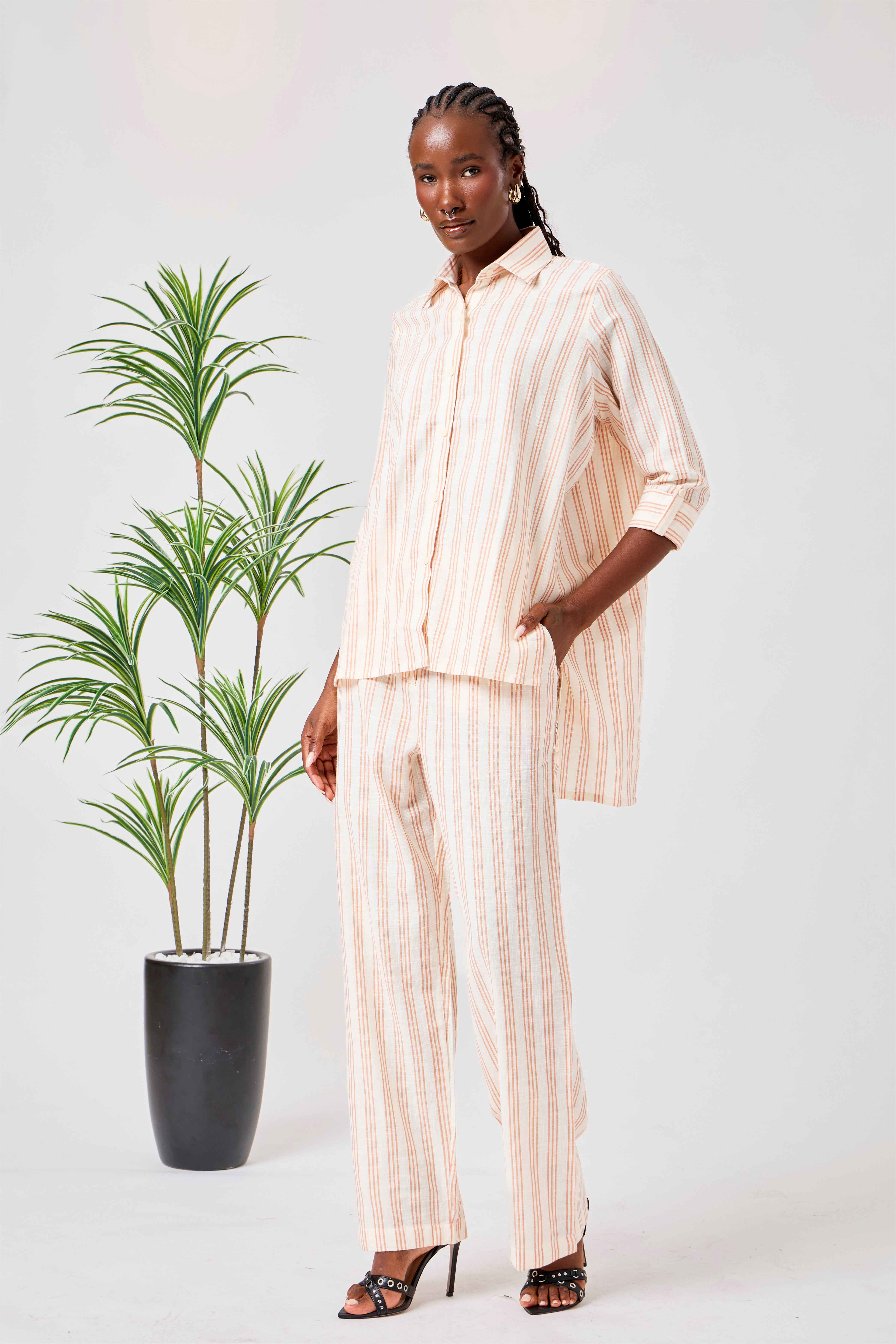 Beige Cotton Striped Shirt & Straight Leg Co-Ord Set | Naifah