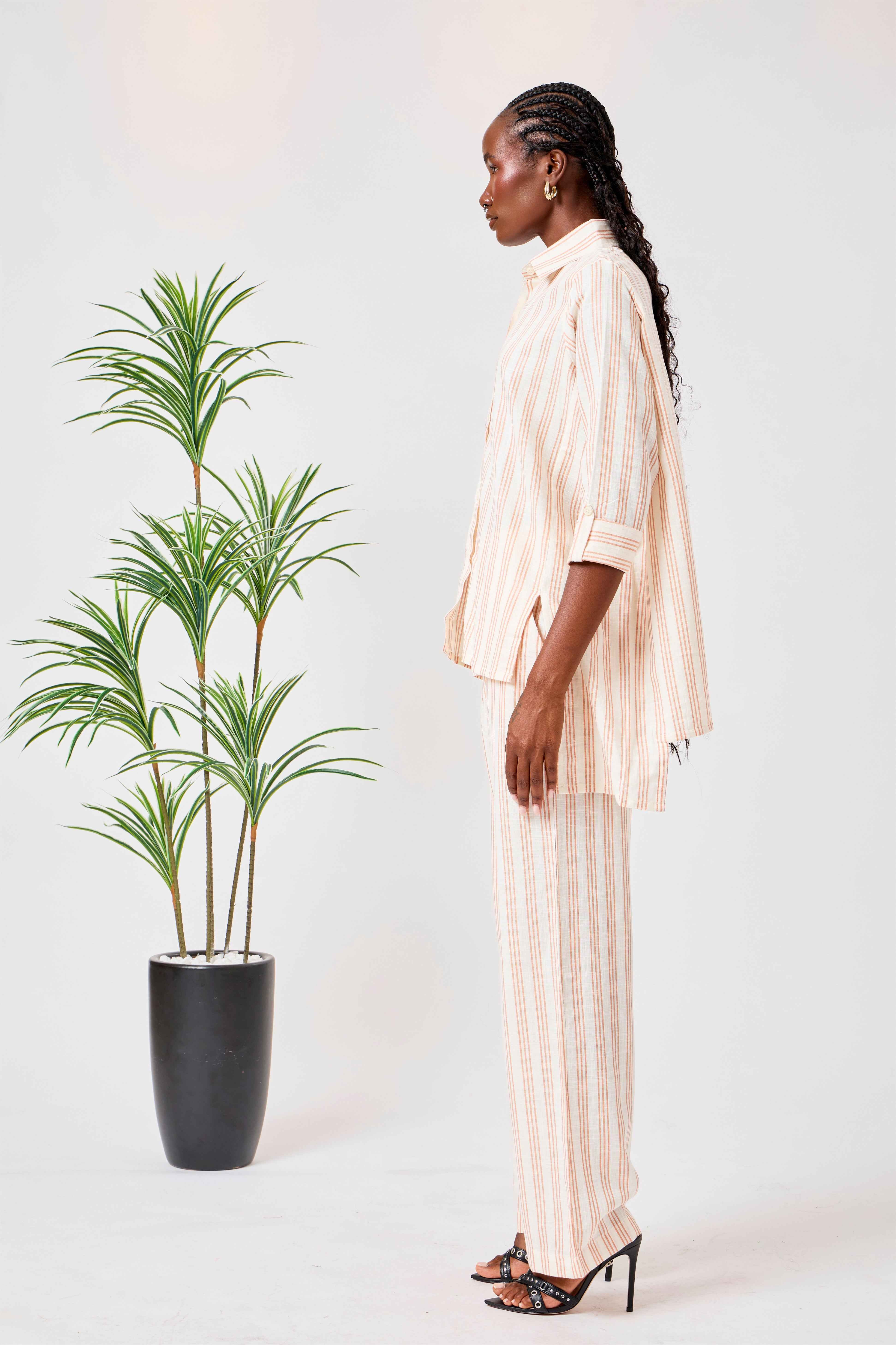 Beige Cotton Striped Shirt & Straight Leg Co-Ord Set | Naifah