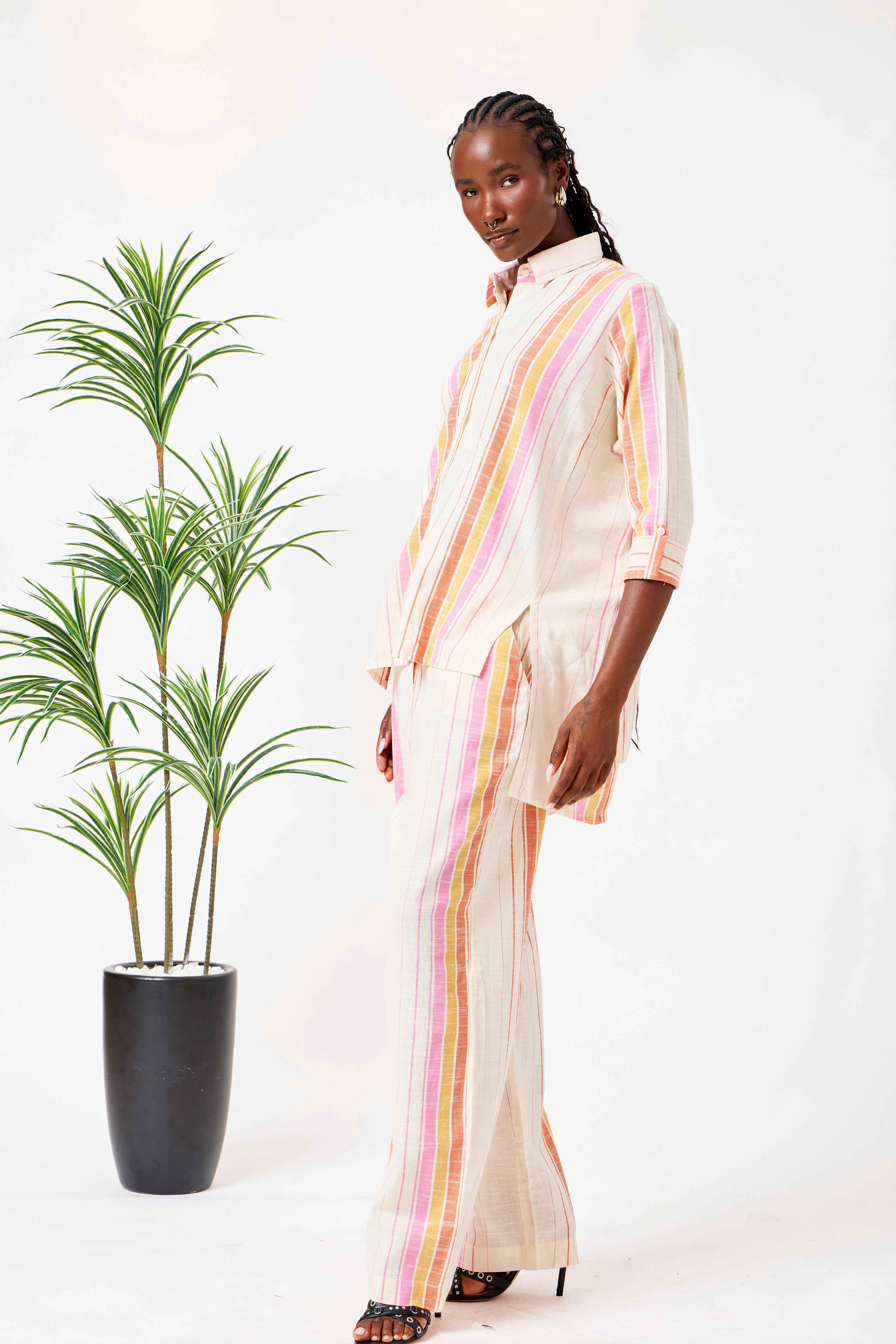 Cream Cotton Striped Shirt & Straight Leg Co-Ord Set | Haneen