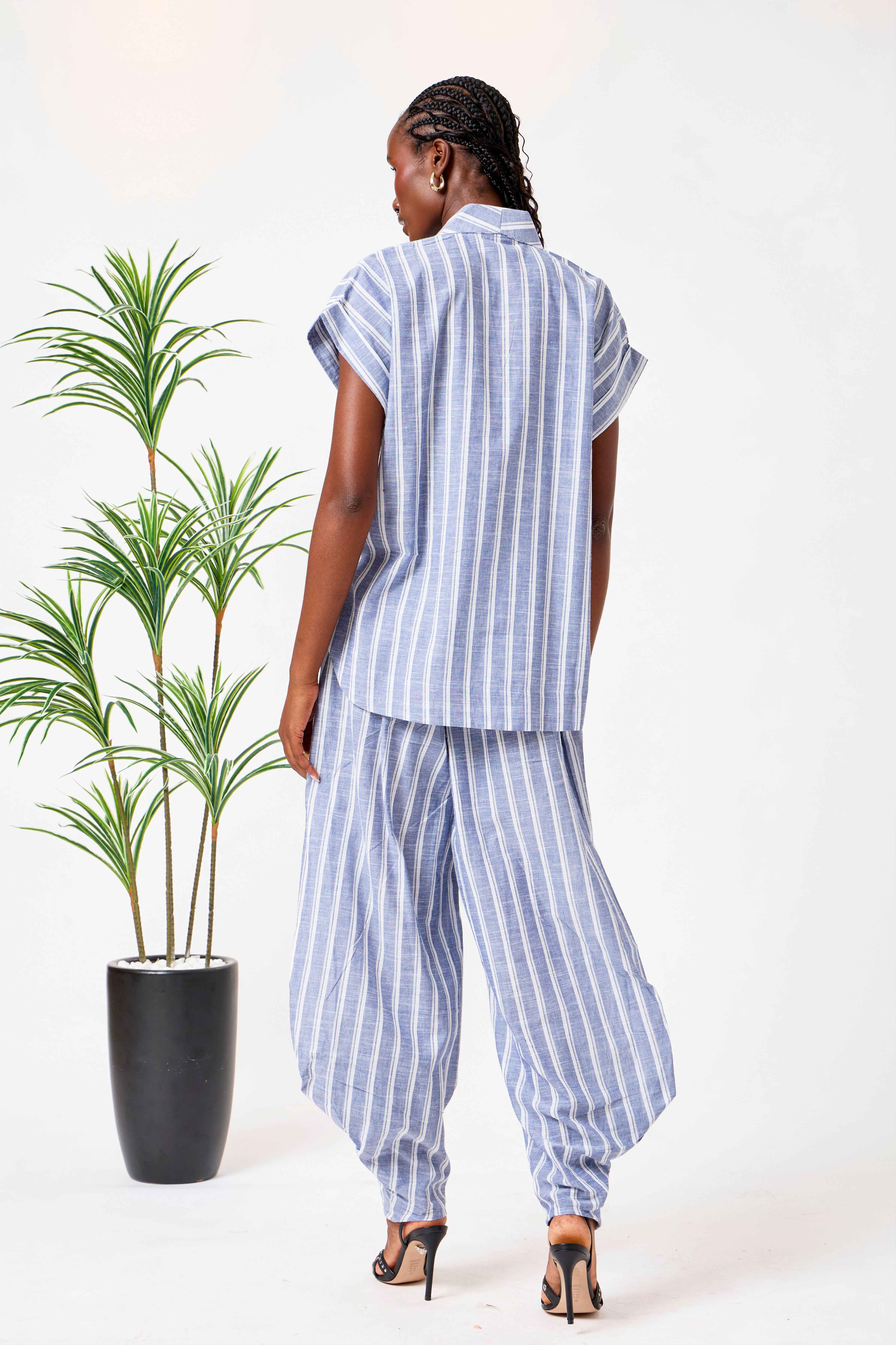 Blue Striped Cotton Relaxed Co-Ord Set with Draped Harem Pants & V-Neck Top | Basimah