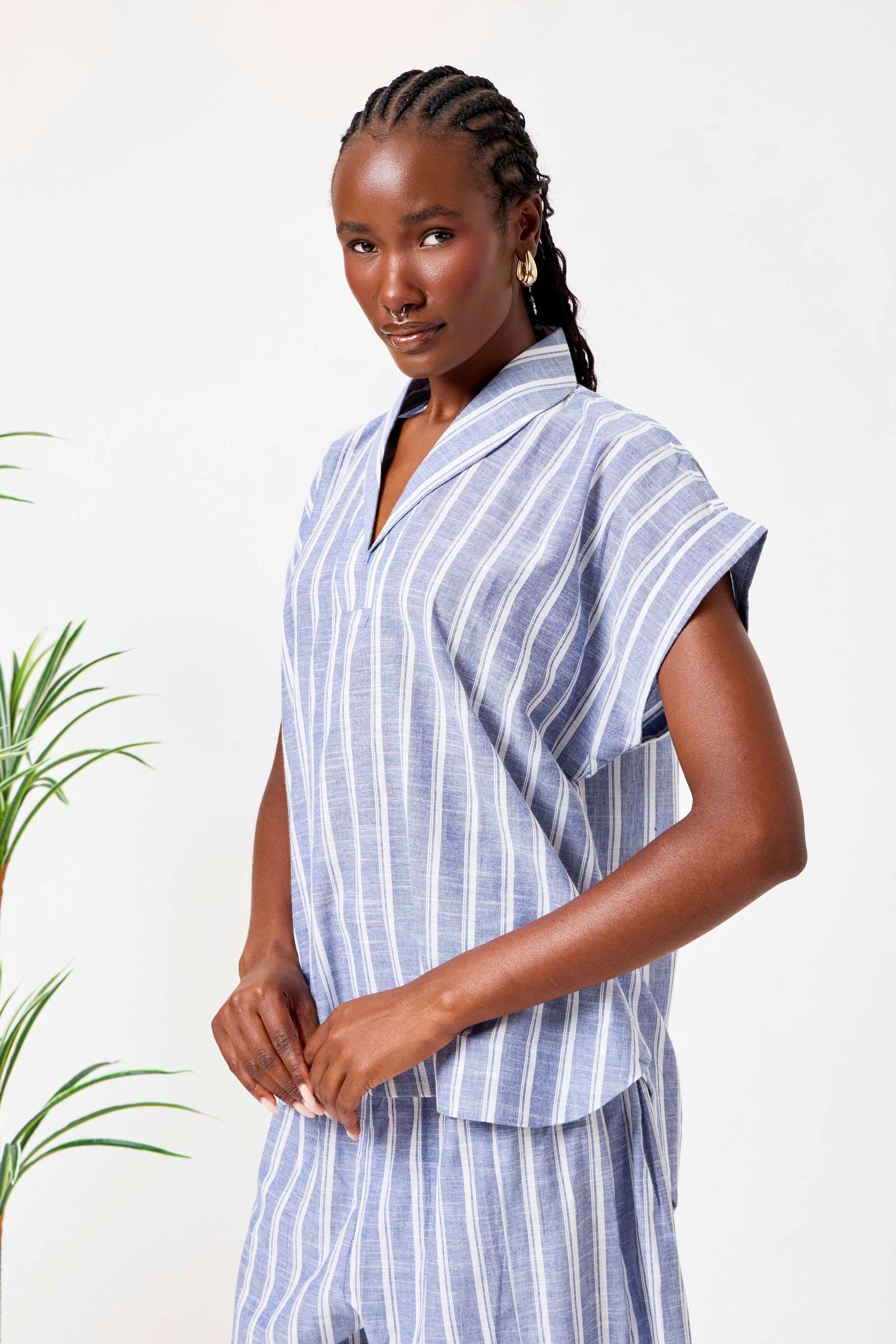 Blue Striped Cotton Relaxed Co-Ord Set with Draped Harem Pants & V-Neck Top | Basimah
