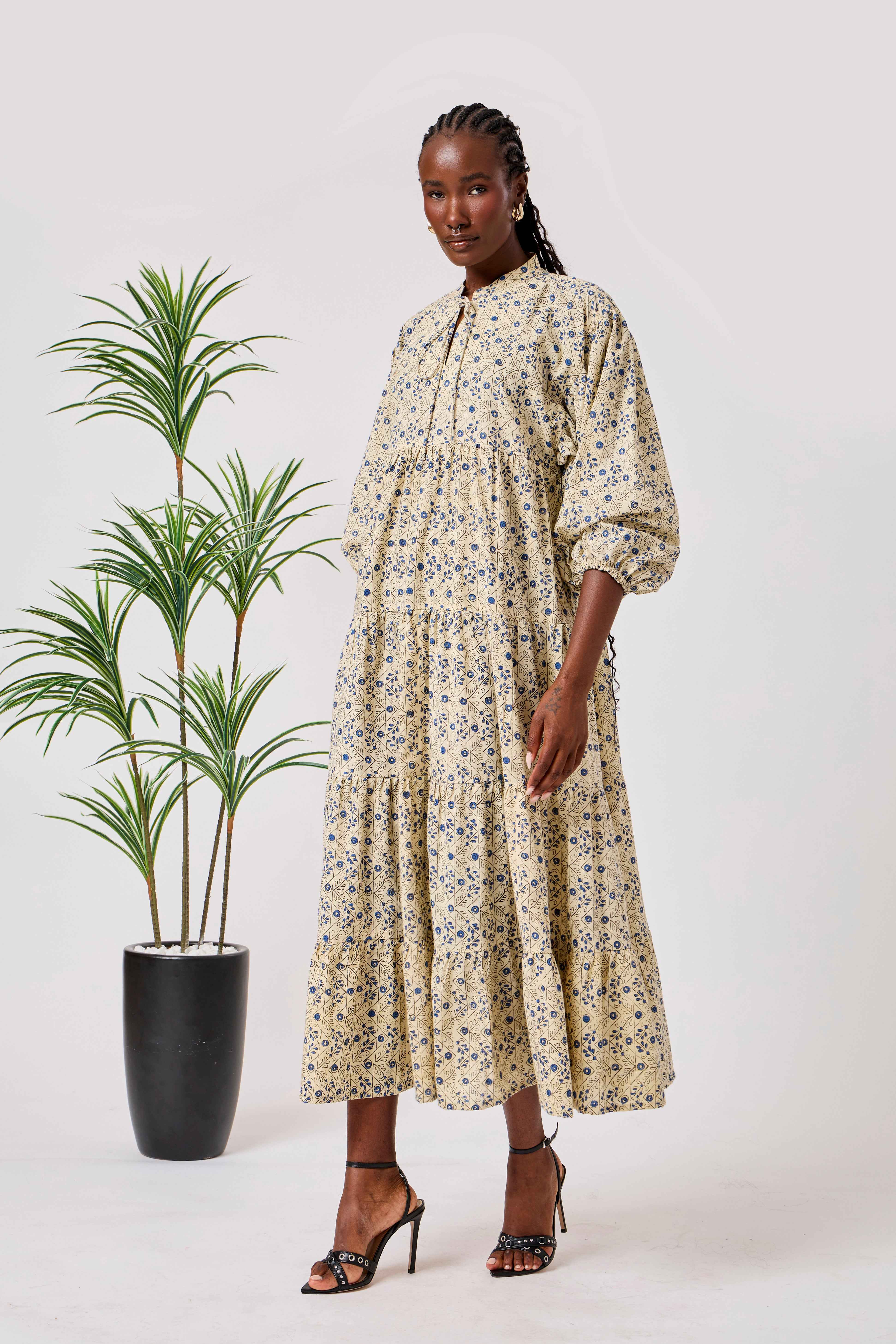Hand Block Print Cotton Tiered Maxi Dress with Puff Sleeves | Nooram