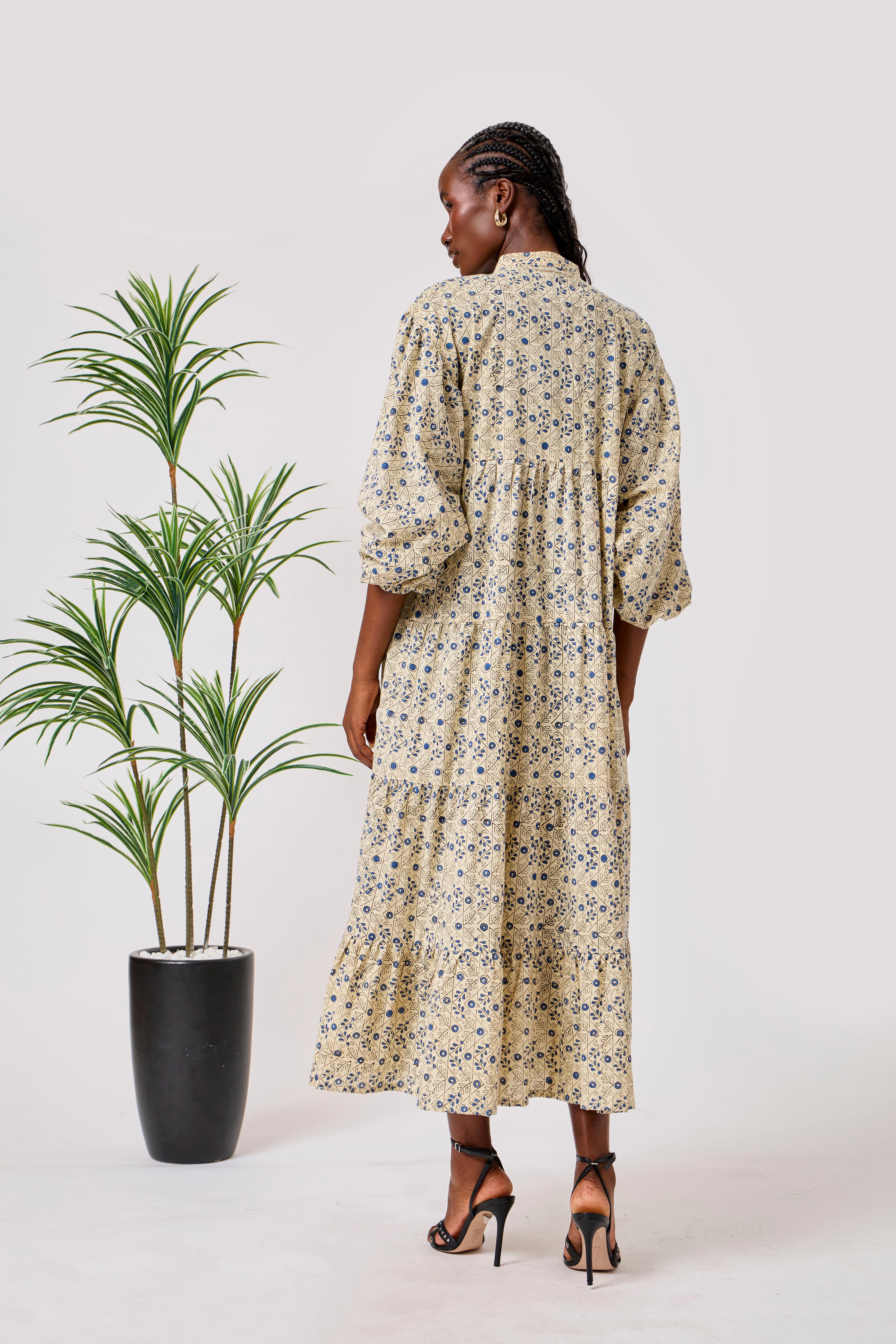 Hand Block Print Cotton Tiered Maxi Dress with Puff Sleeves | Nooram