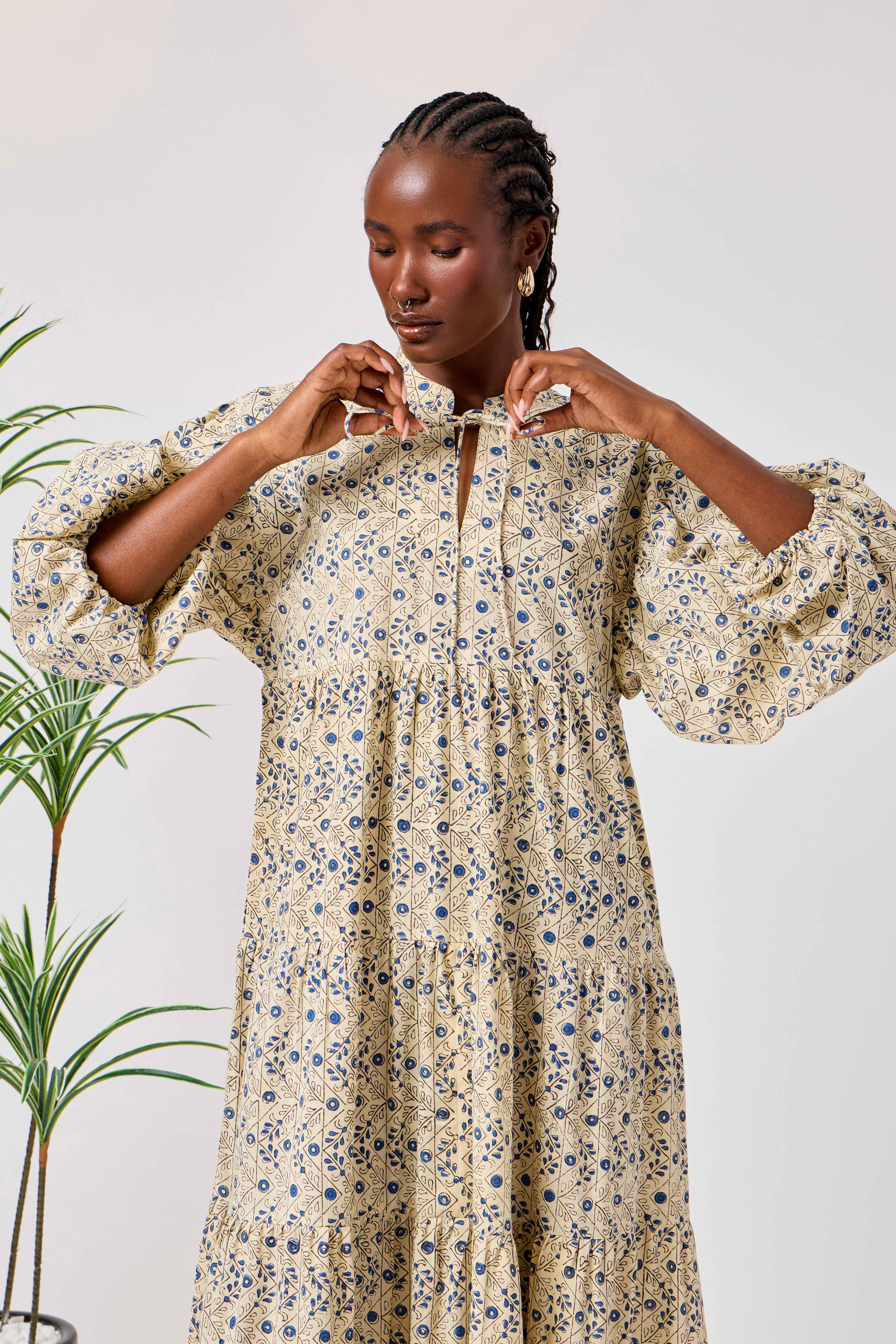 Hand Block Print Cotton Tiered Maxi Dress with Puff Sleeves | Nooram