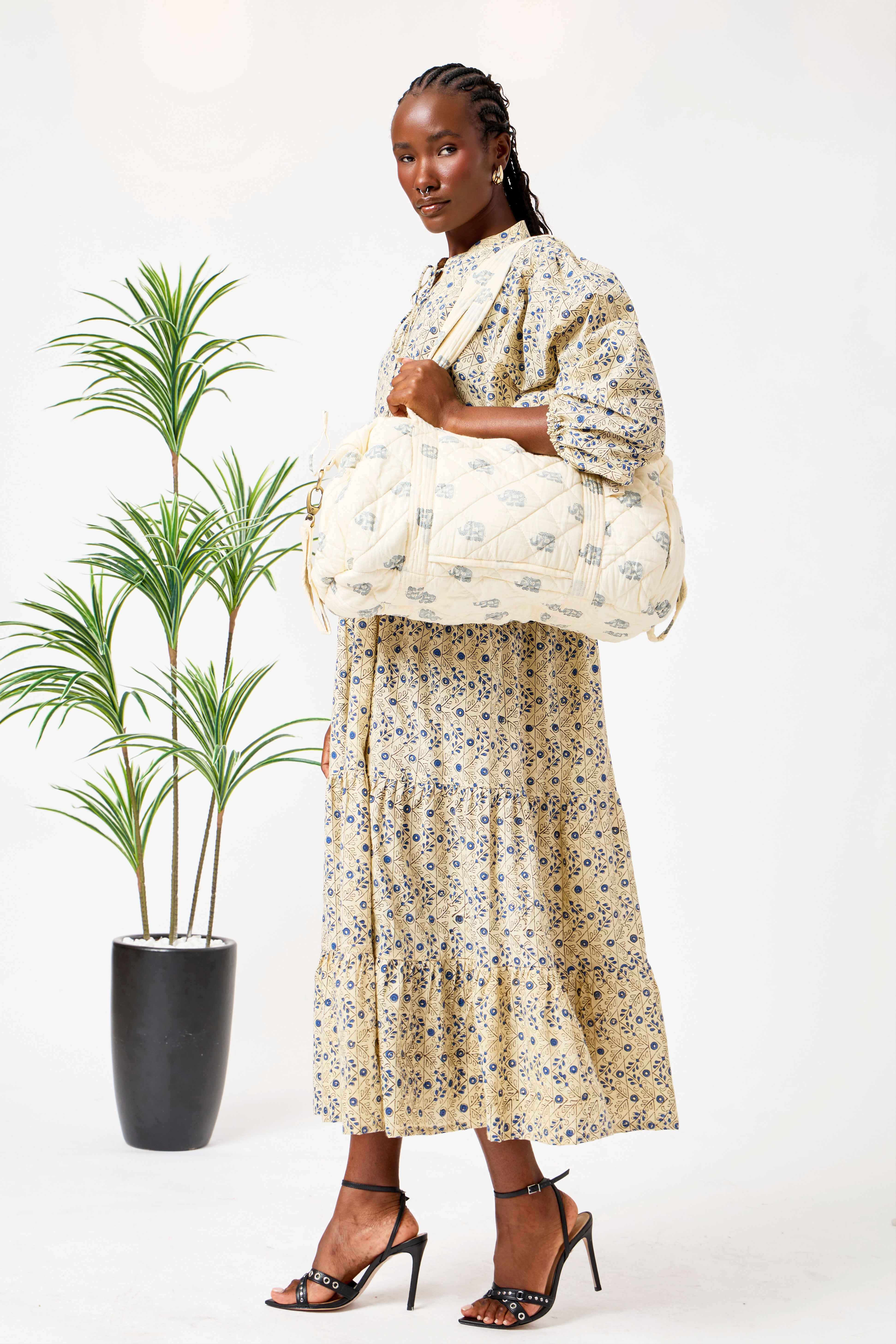 Cream Quilted Cotton Travel Duffle Bag with Blue Elephant Print | Hadiya