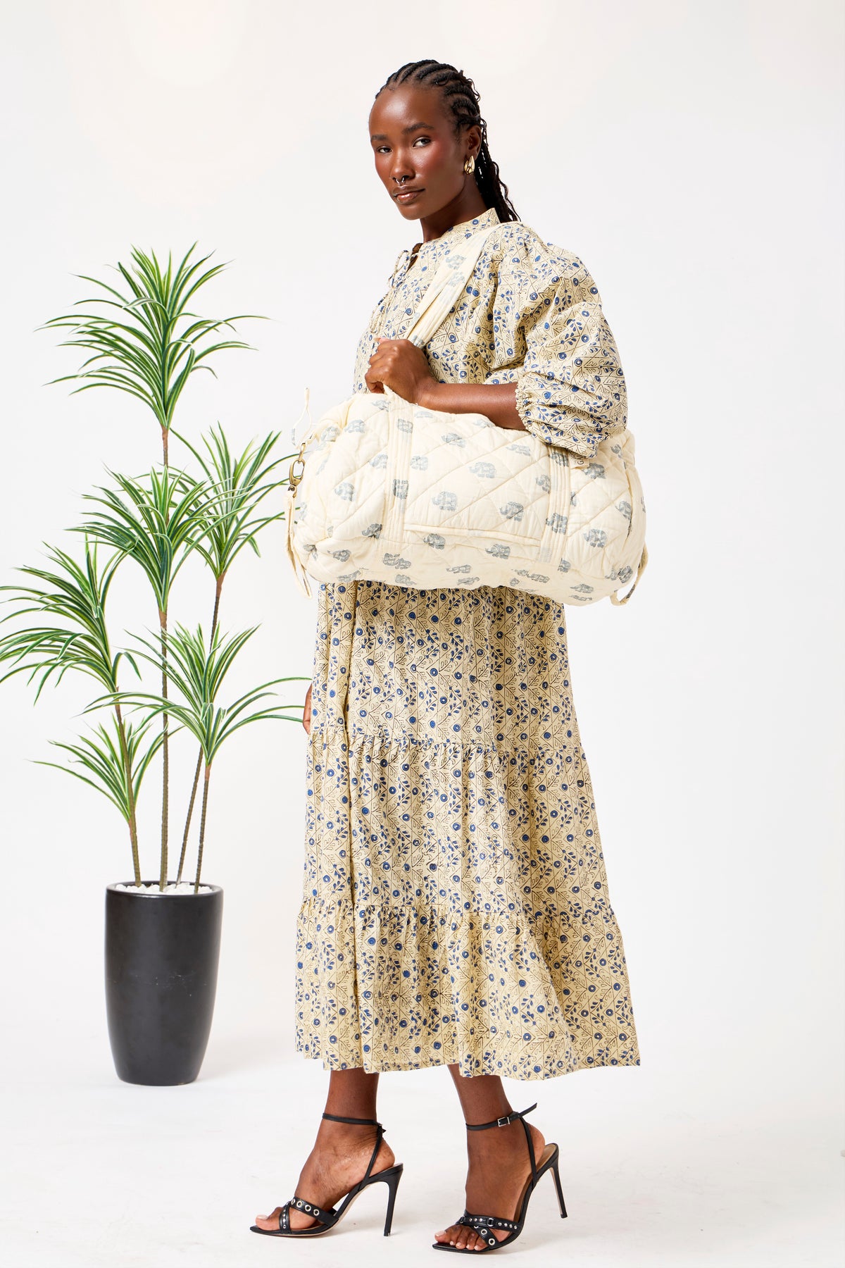 5-Piece Quilted Cotton Travel Duffle Bag, Backpack, iPad Sleeve & Pouches Set with Elephant Print | Hadiya