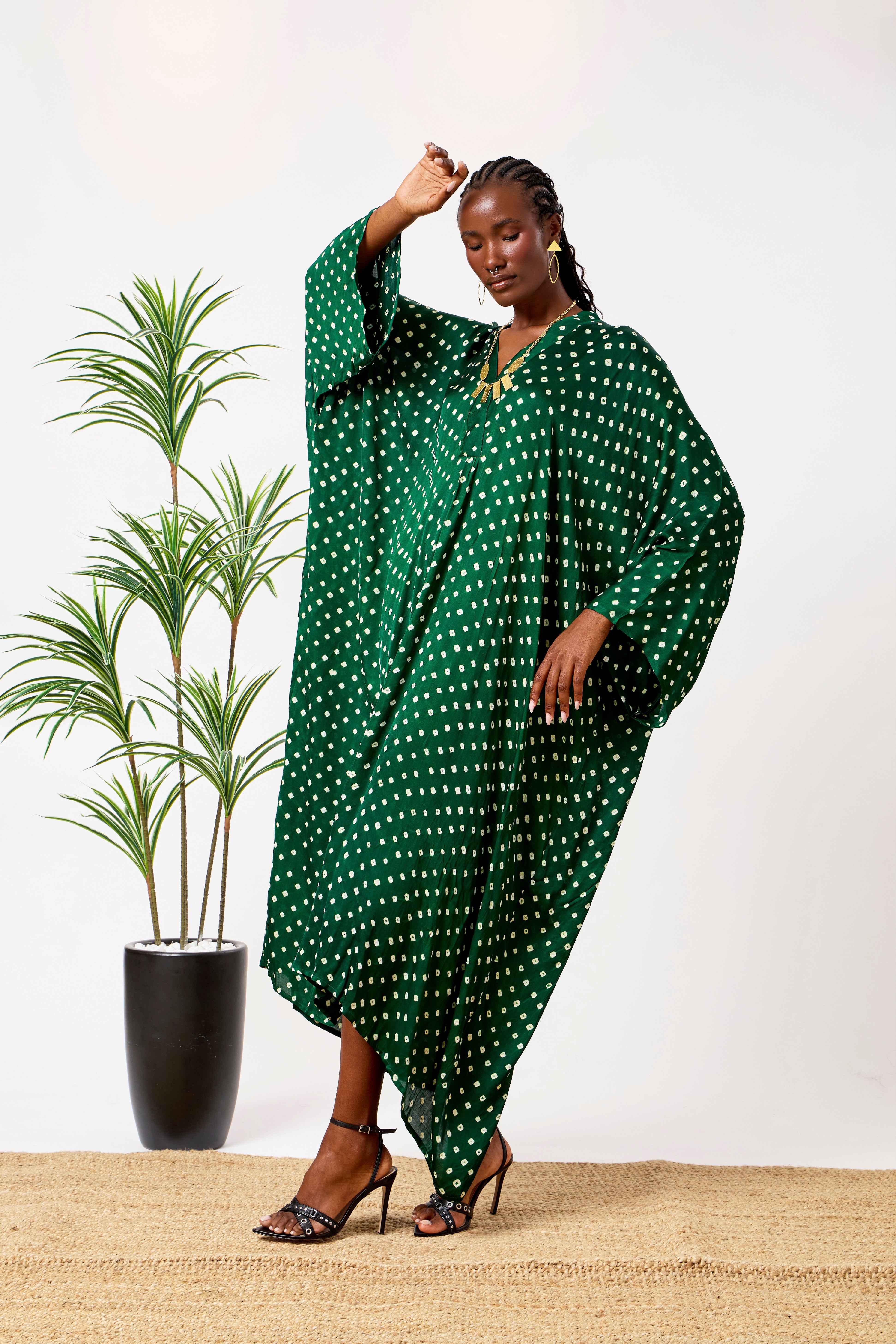 Green Modal Silk Bandhani Print Kaftan Dress for Women with Batwing Sleeves & Tassel Neckline | Zareen