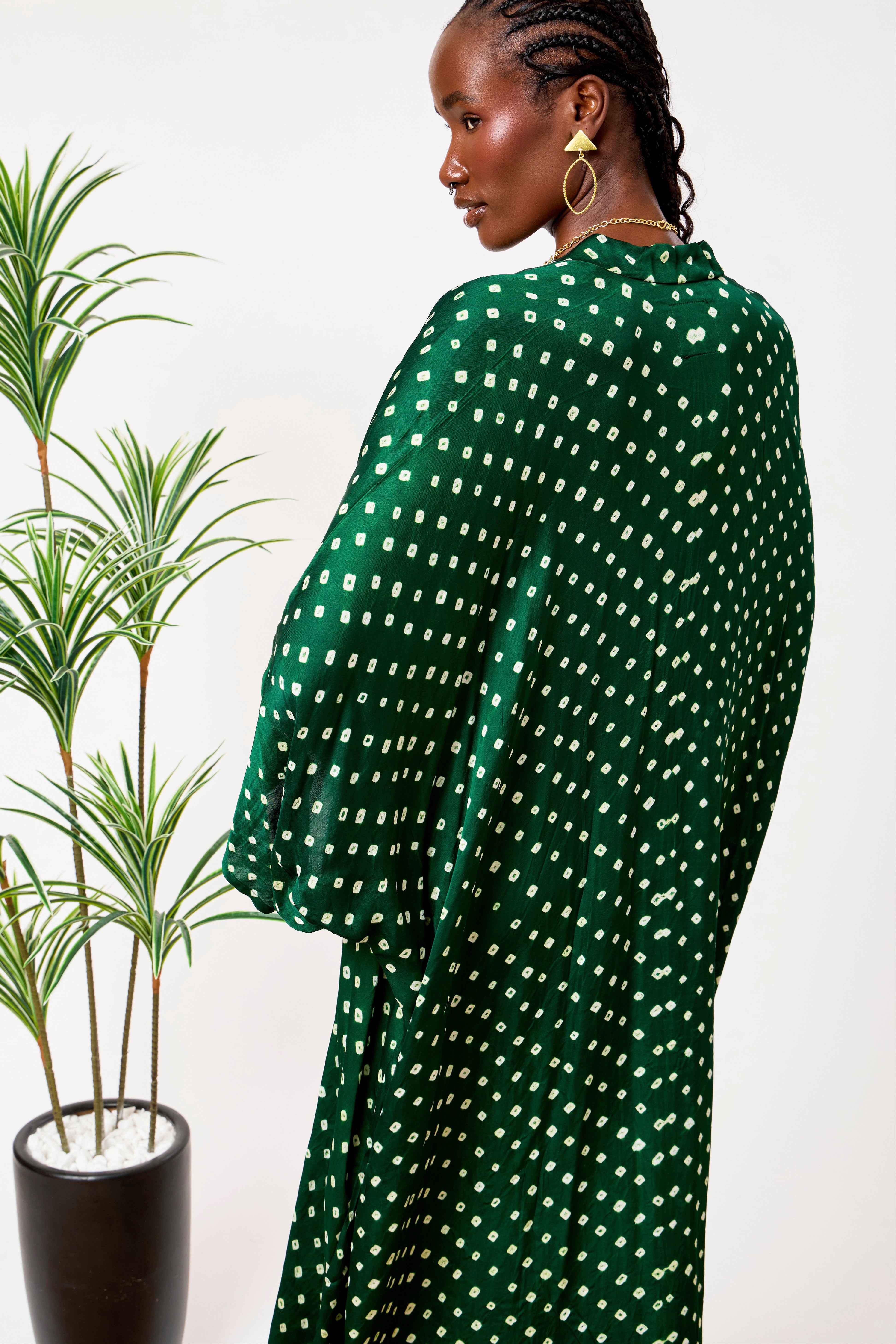 Green Modal Silk Bandhani Print Kaftan Dress for Women with Batwing Sleeves & Tassel Neckline | Zareen