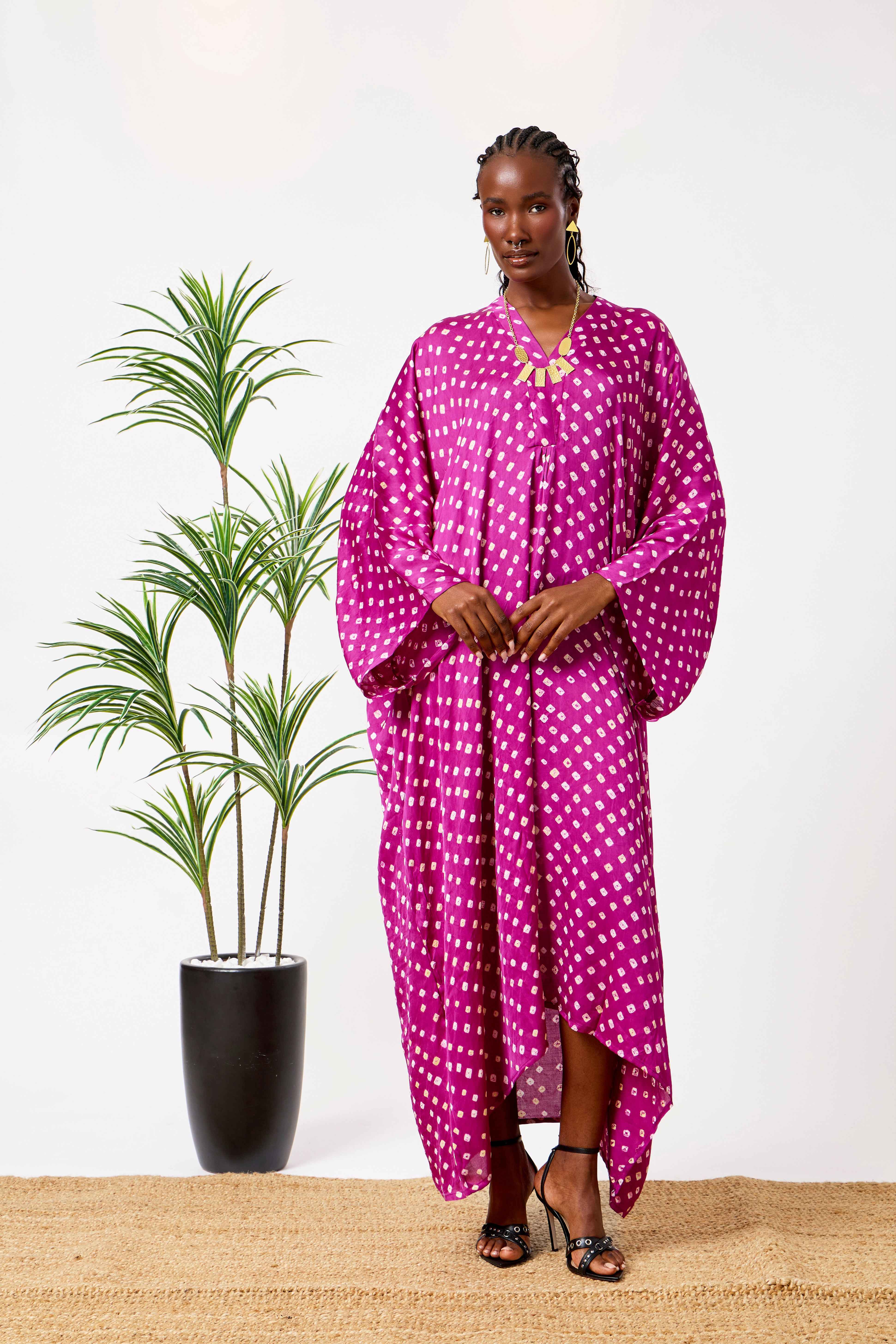 Purple Modal Silk Bandhani Print Kaftan Dress for Women with Batwing Sleeves & Tassel Neckline | Amara