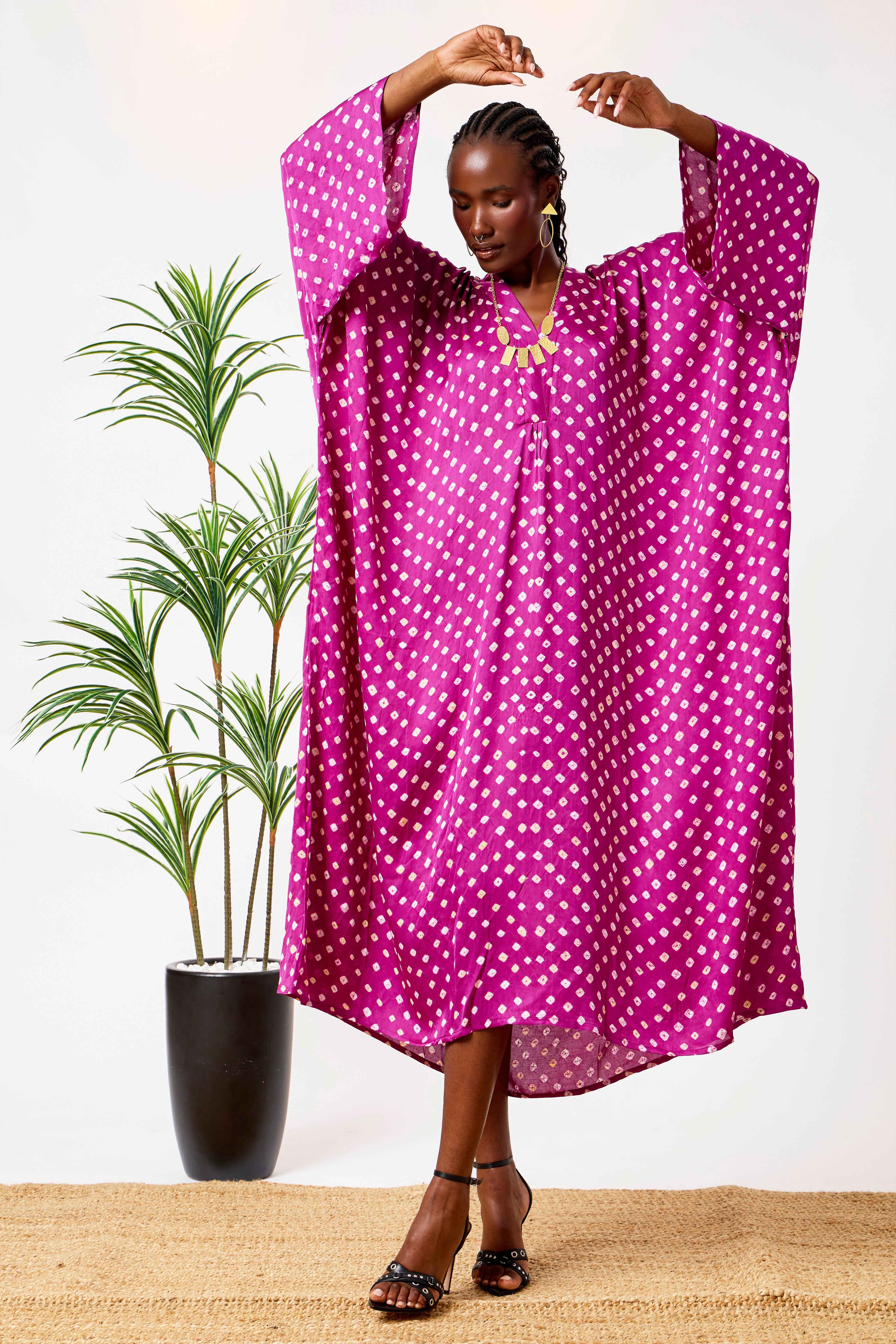 Purple Modal Silk Bandhani Print Kaftan Dress for Women with Batwing Sleeves & Tassel Neckline | Amara