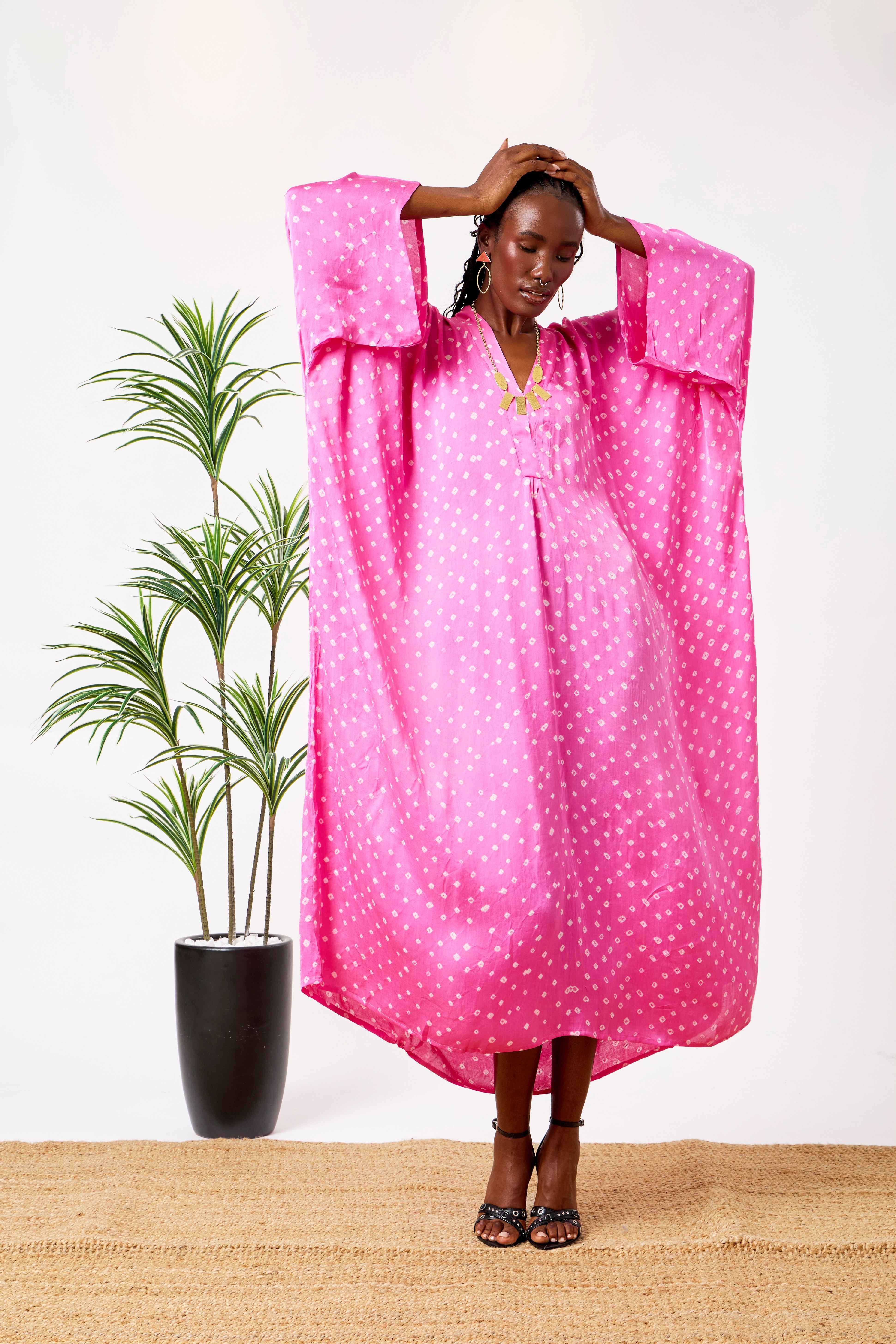 Pink Modal Silk Bandhani Print Kaftan Dress for Women with Batwing Sleeves & Tassel Neckline | Rosalie