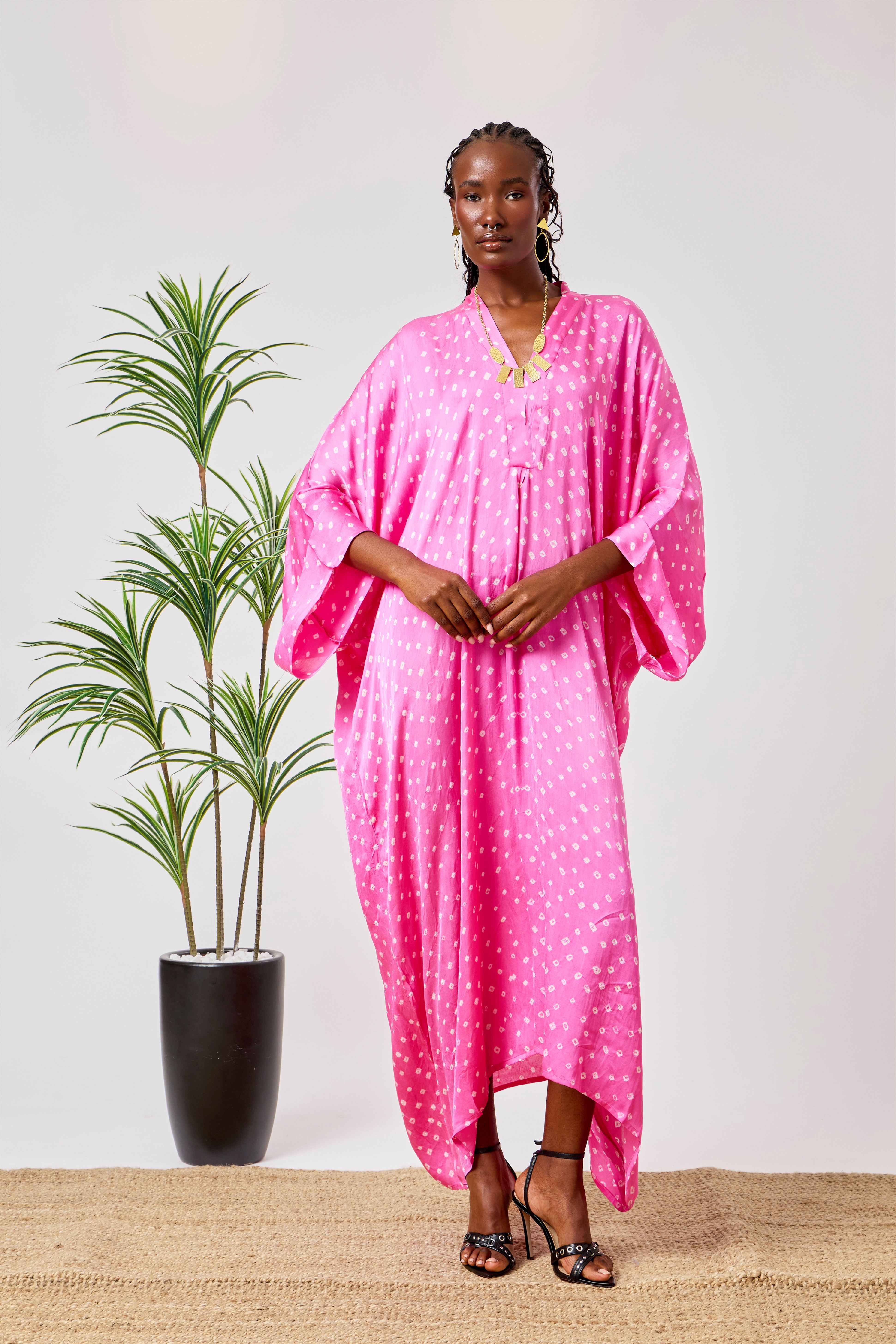 Pink Modal Silk Bandhani Print Kaftan Dress for Women with Batwing Sleeves & Tassel Neckline | Rosalie
