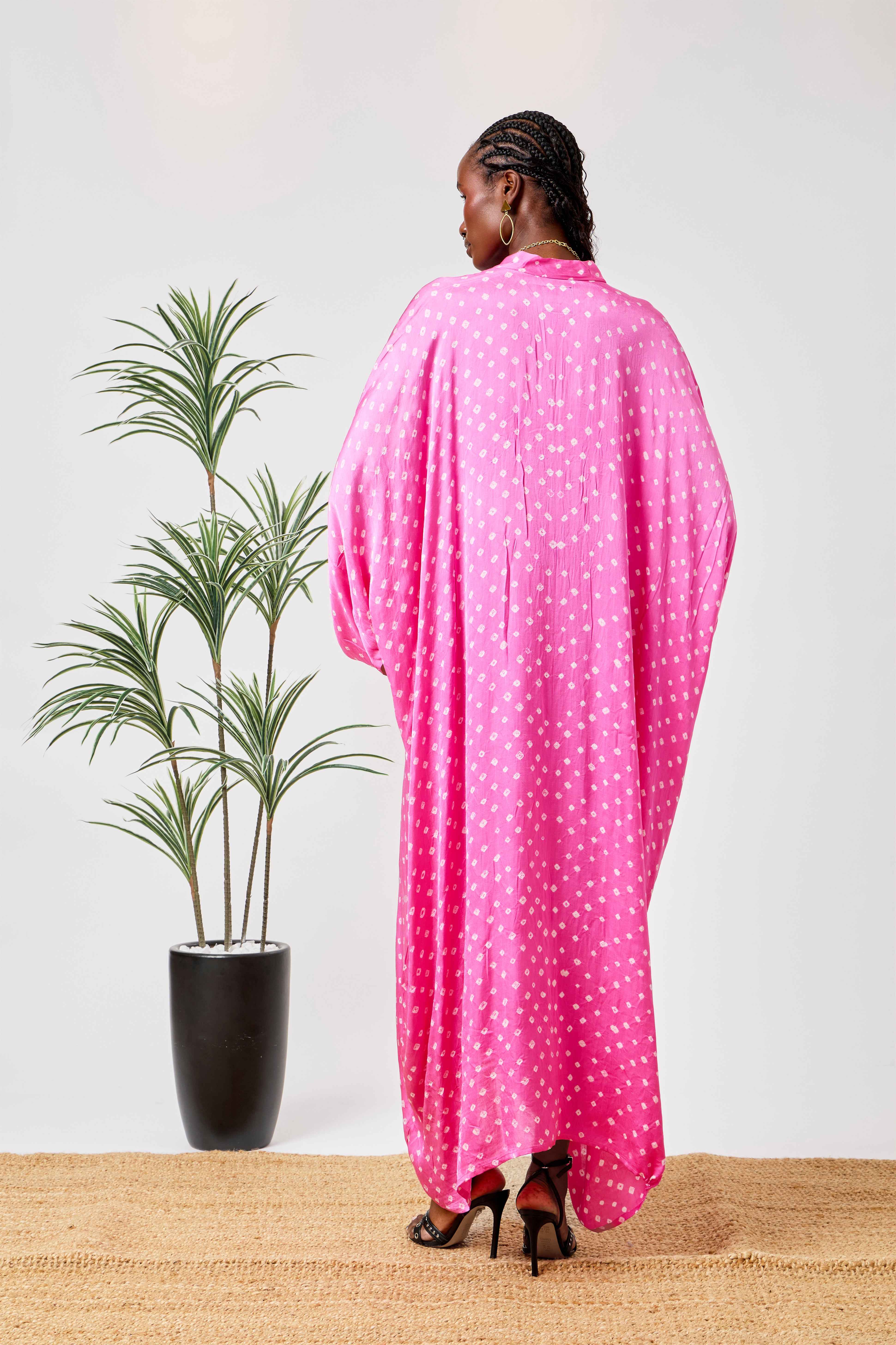 Pink Modal Silk Bandhani Print Kaftan Dress for Women with Batwing Sleeves & Tassel Neckline | Rosalie