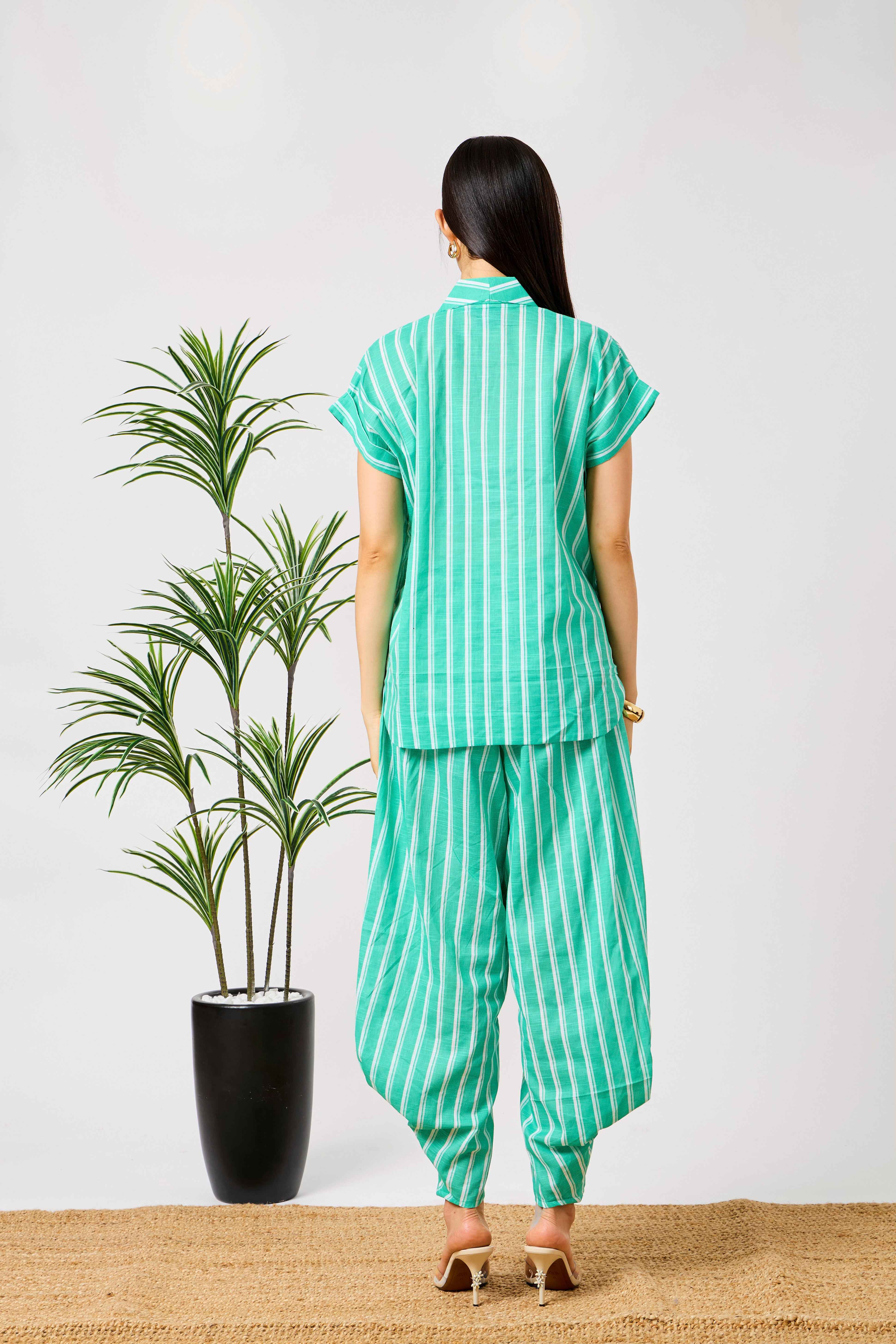 Green Striped Cotton Relaxed Co-Ord Set with Draped Harem Pants & V-Neck Top | Rawani