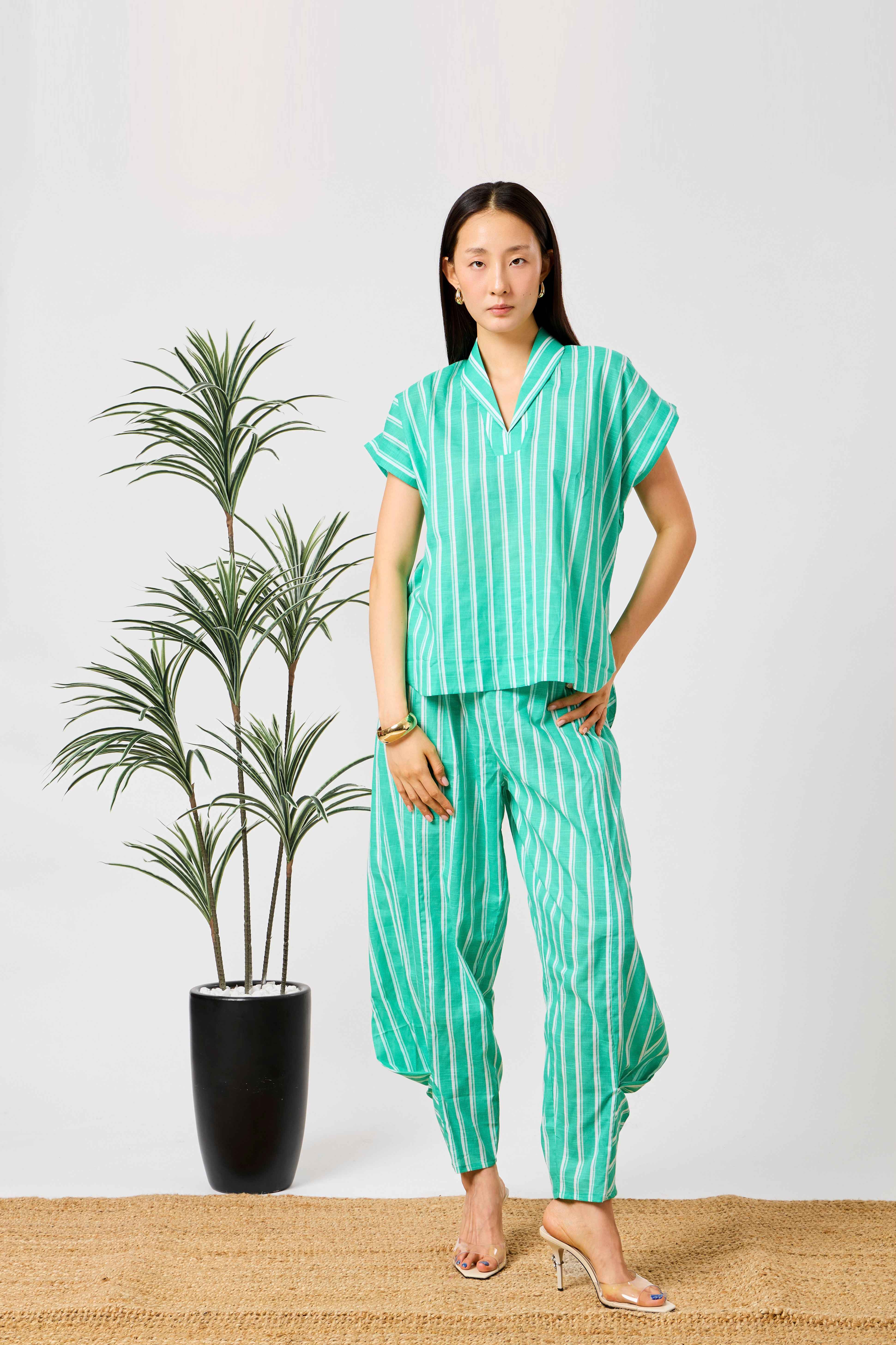 Green Striped Cotton Relaxed Co-Ord Set with Draped Harem Pants & V-Neck Top | Rawani