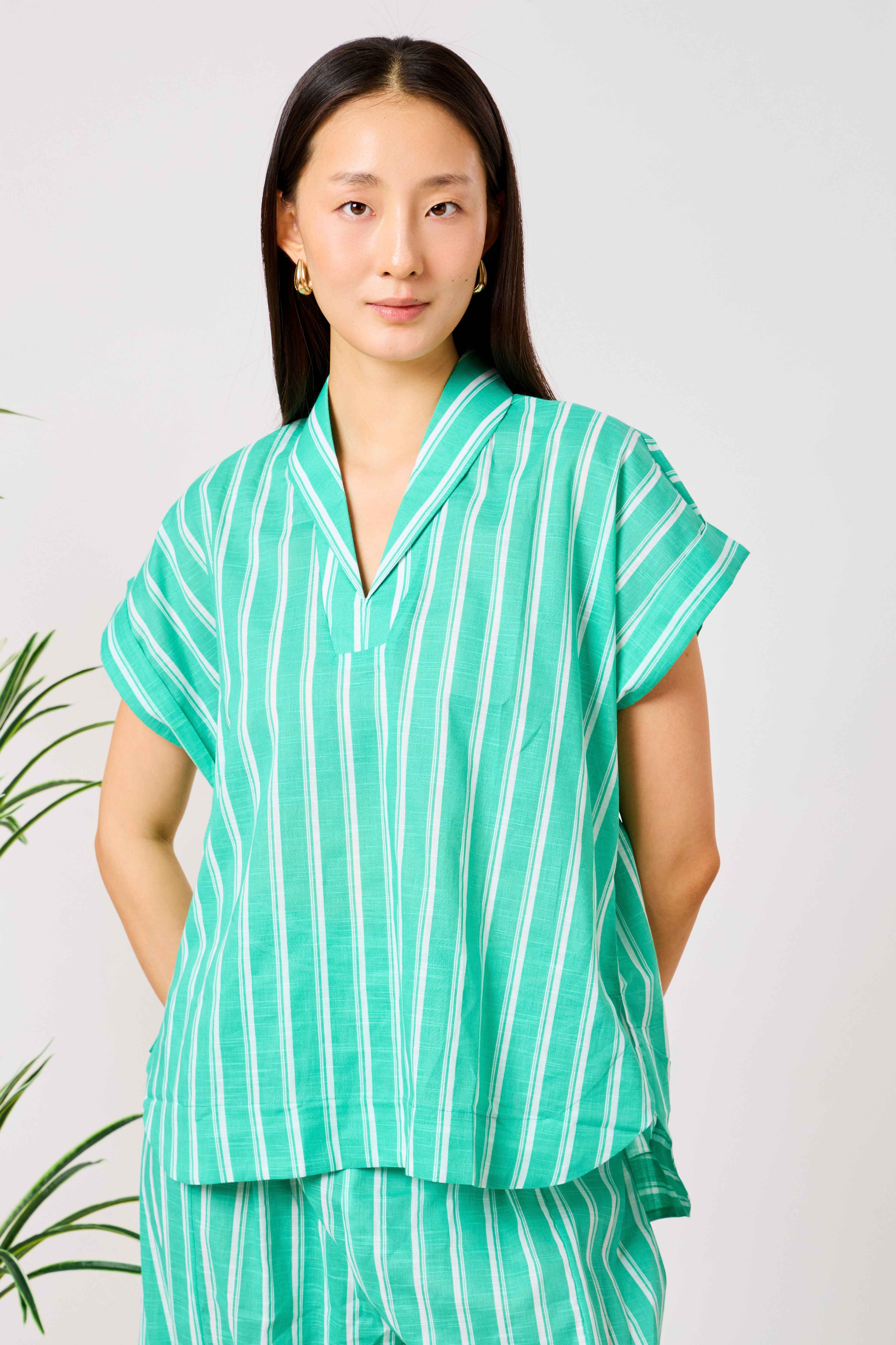 Green Striped Cotton Relaxed Co-Ord Set with Draped Harem Pants & V-Neck Top | Rawani