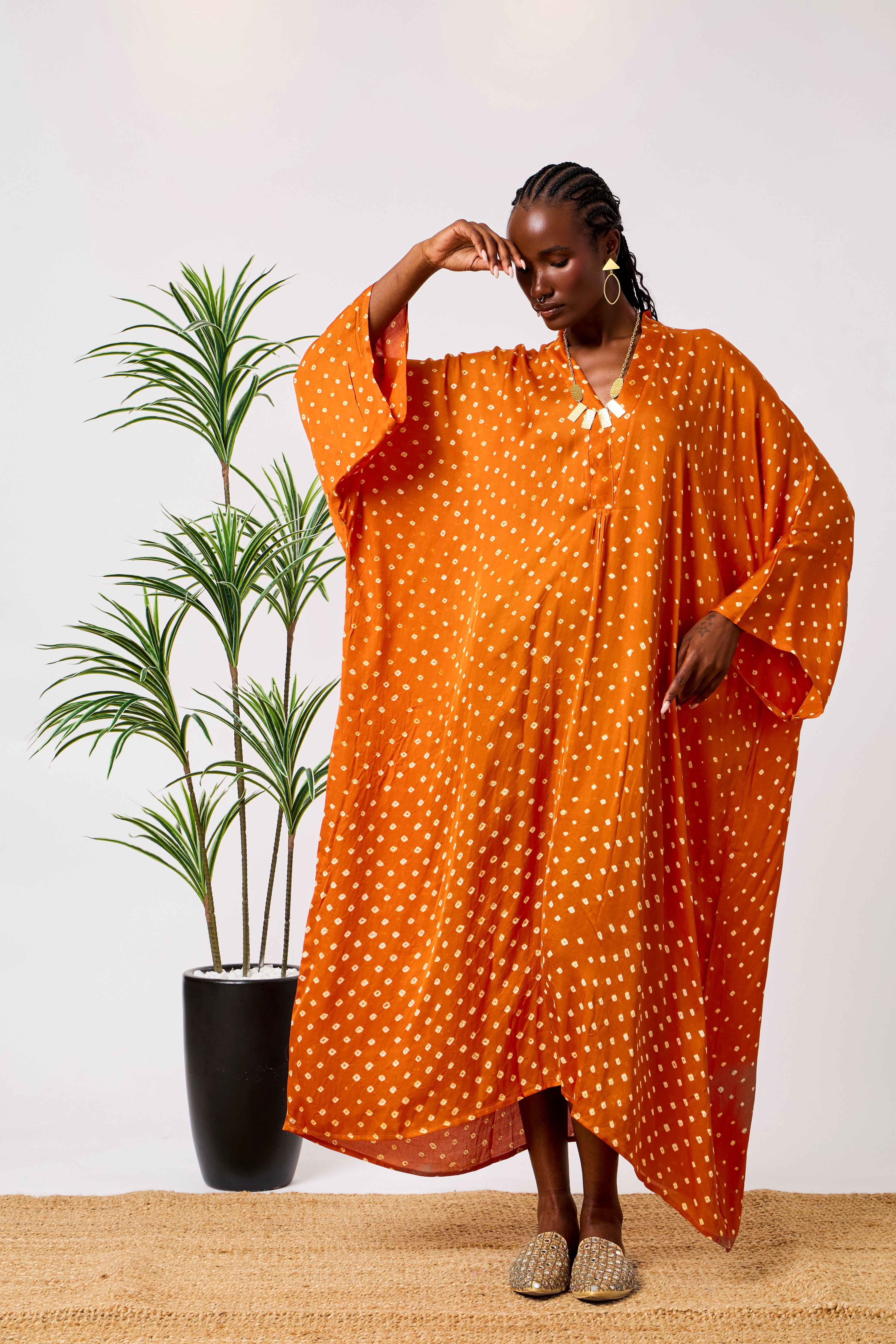 Orange Modal Silk Bandhani Print Kaftan Dress for Women with Batwing Sleeves & Tassel Neckline | Solene