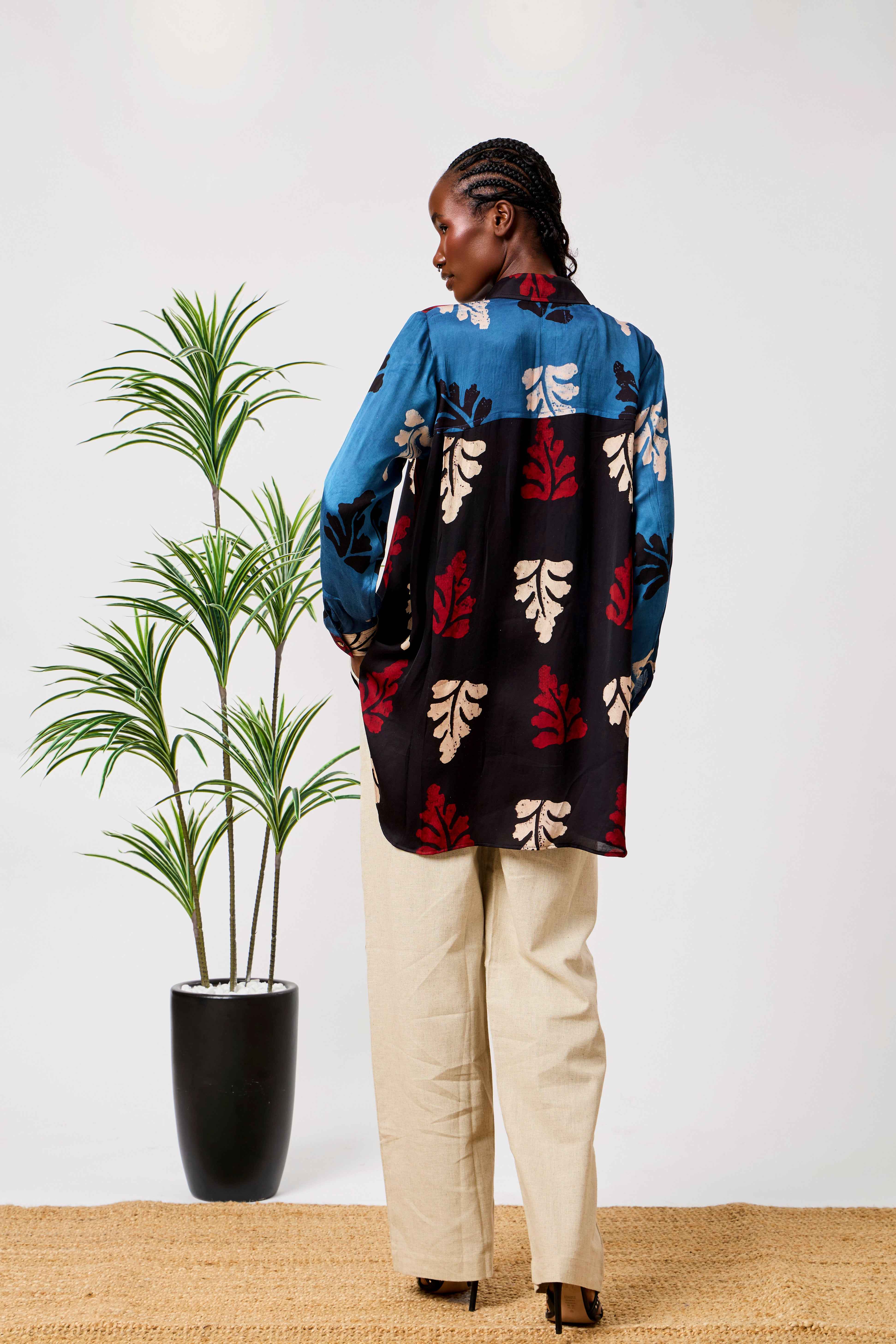 Modal Silk Blue & Black Printed Long Shirt for Women | Aziza