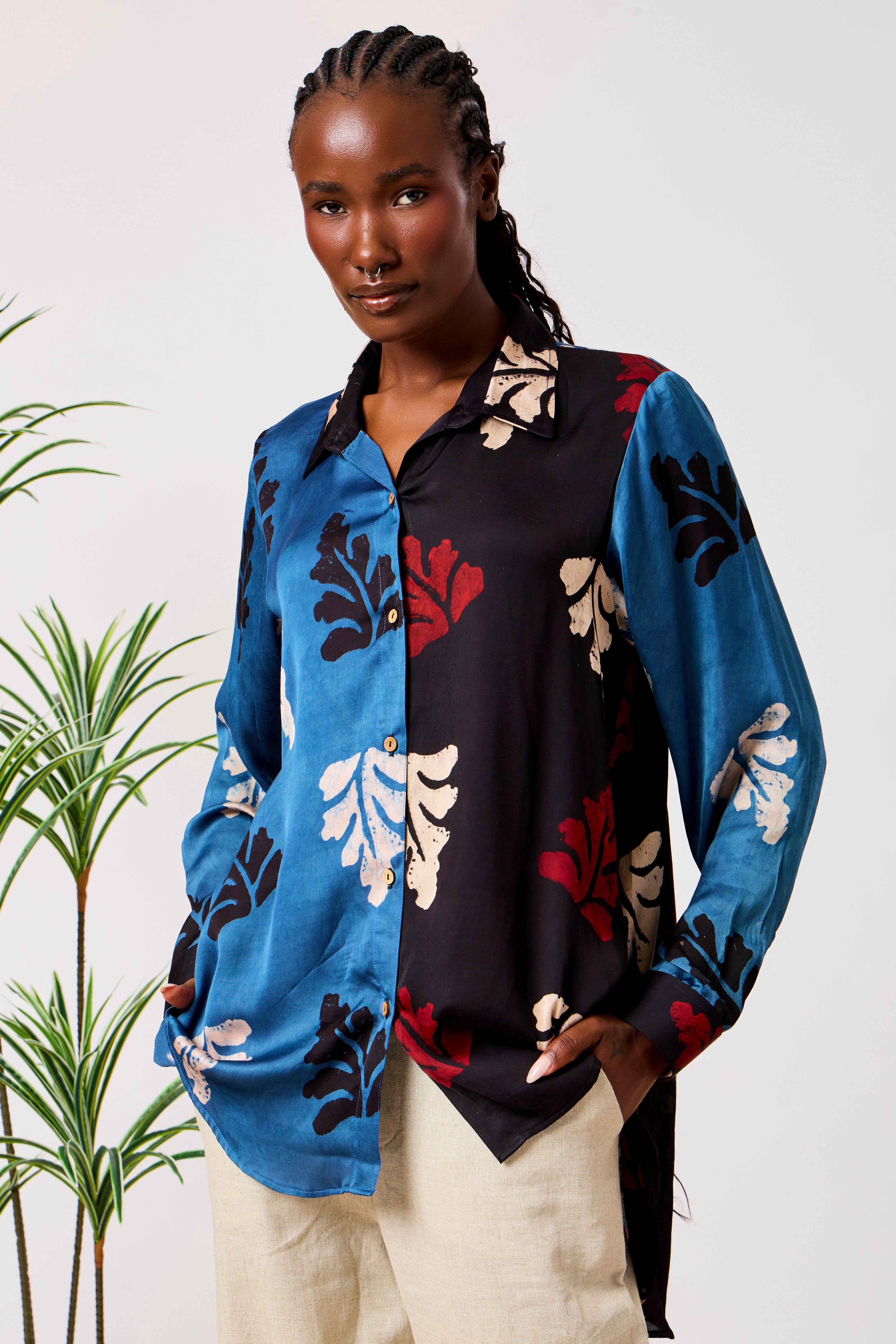 Modal Silk Blue & Black Printed Long Shirt for Women | Aziza