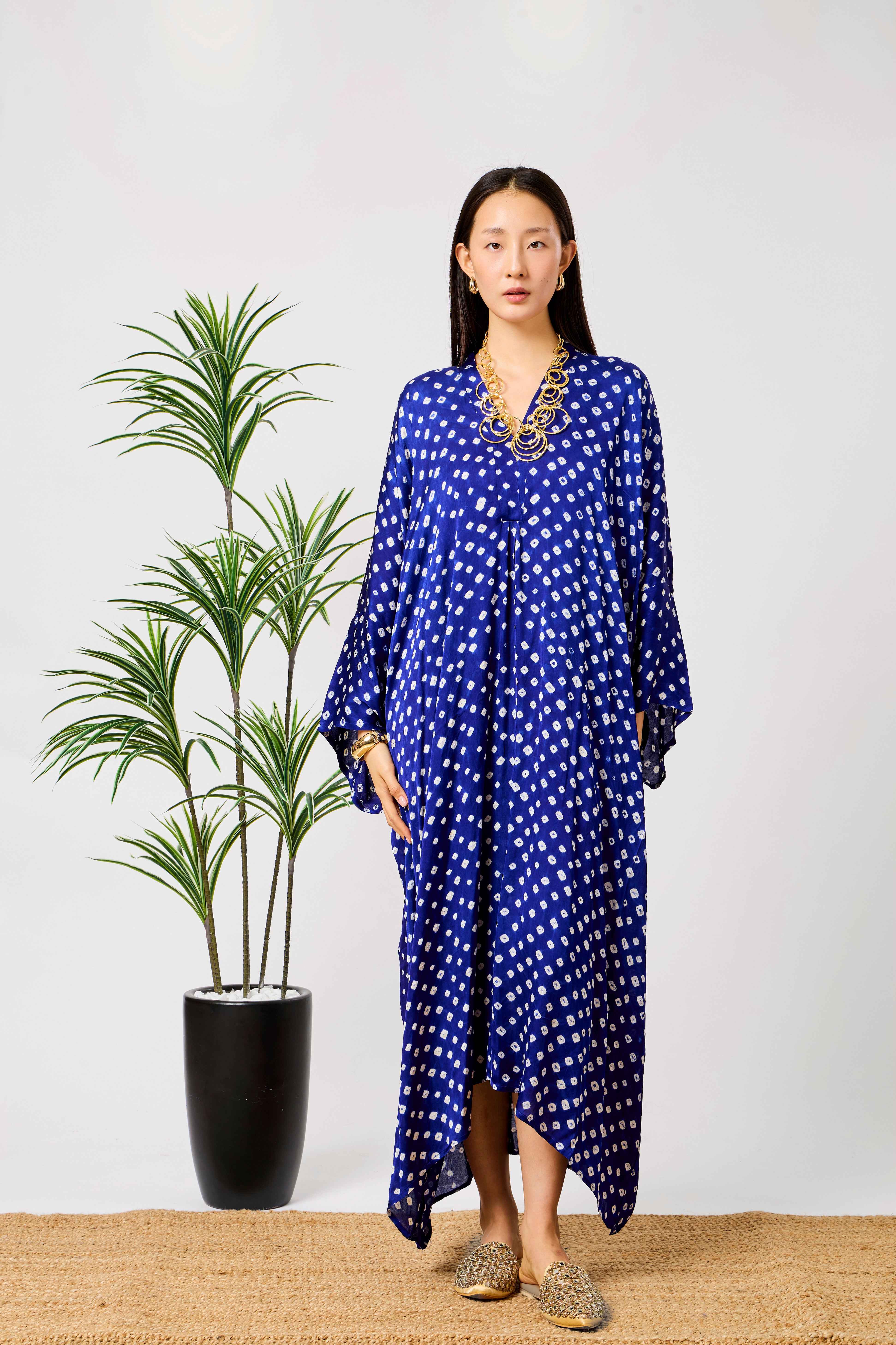 Blue Modal Silk Bandhani Print Kaftan Dress for Women with Batwing Sleeves & Tassel Neckline | Azurelle