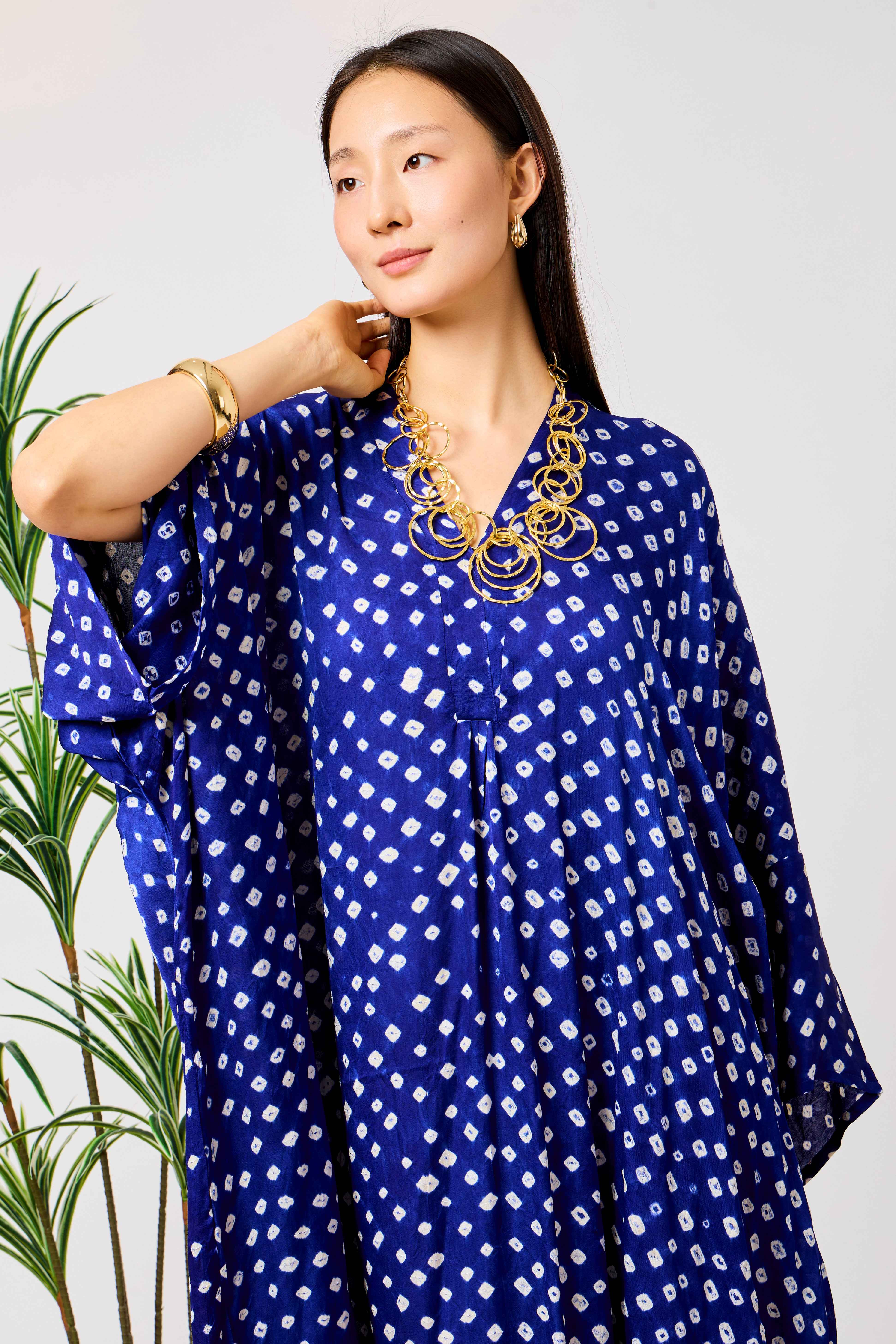 Blue Modal Silk Bandhani Print Kaftan Dress for Women with Batwing Sleeves & Tassel Neckline | Azurelle