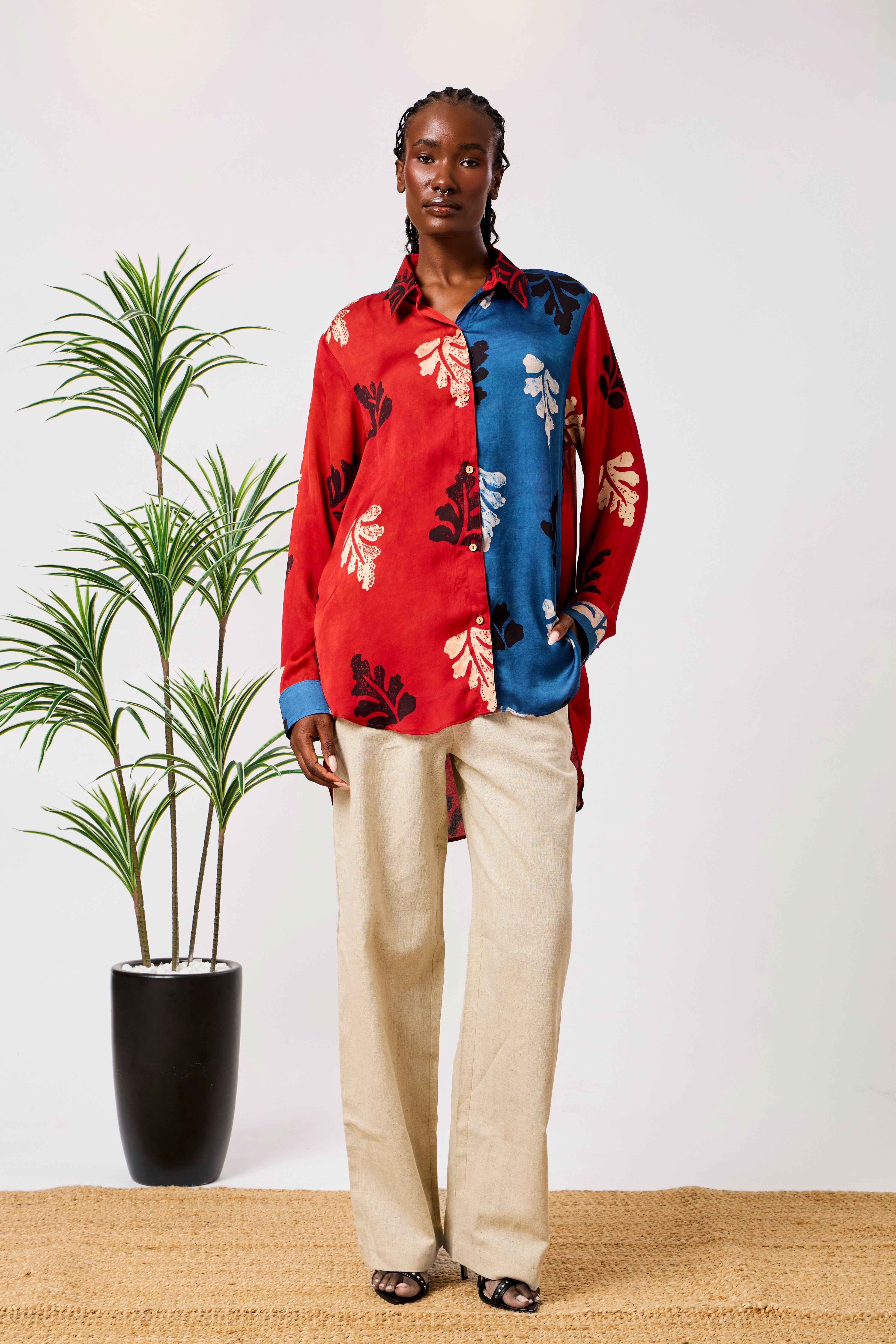 Modal Silk Red & Blue Abstract Leaf Print Long Shirt for Women | Samira