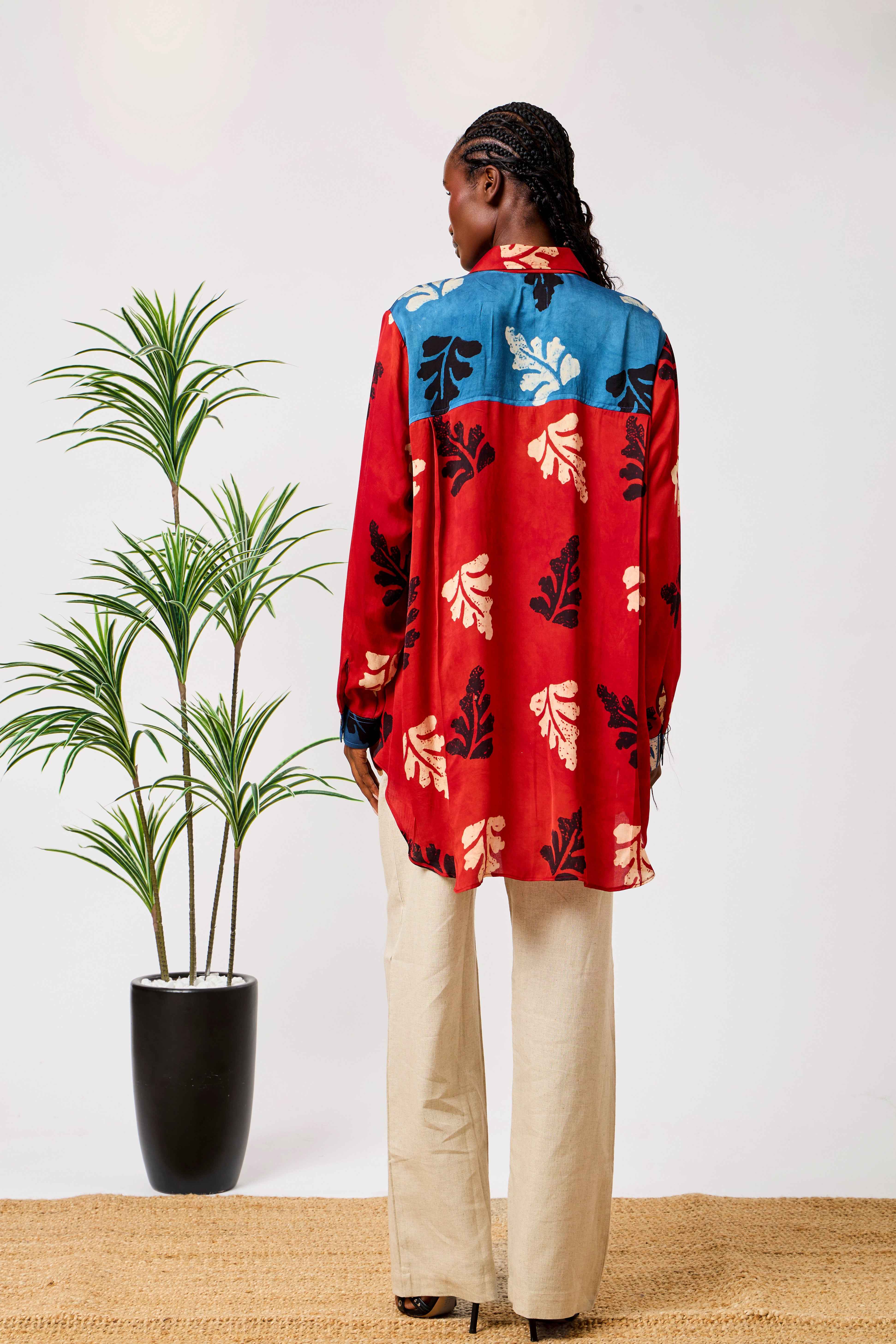 Modal Silk Red & Blue Abstract Leaf Print Long Shirt for Women | Samira