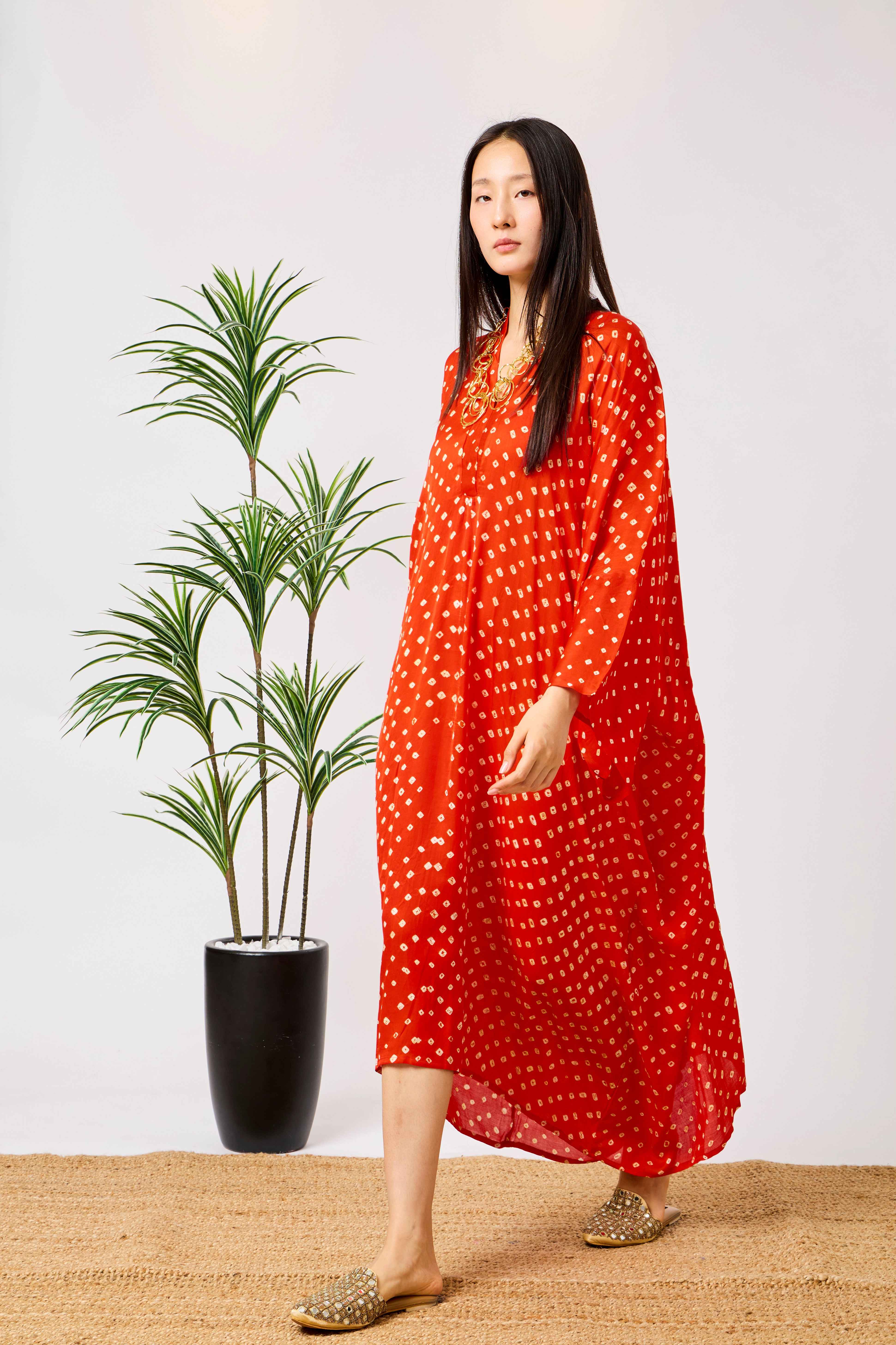 Orange Modal Silk Bandhani Print Kaftan Dress for Women with Batwing Sleeves & Tassel Neckline | Seraphine