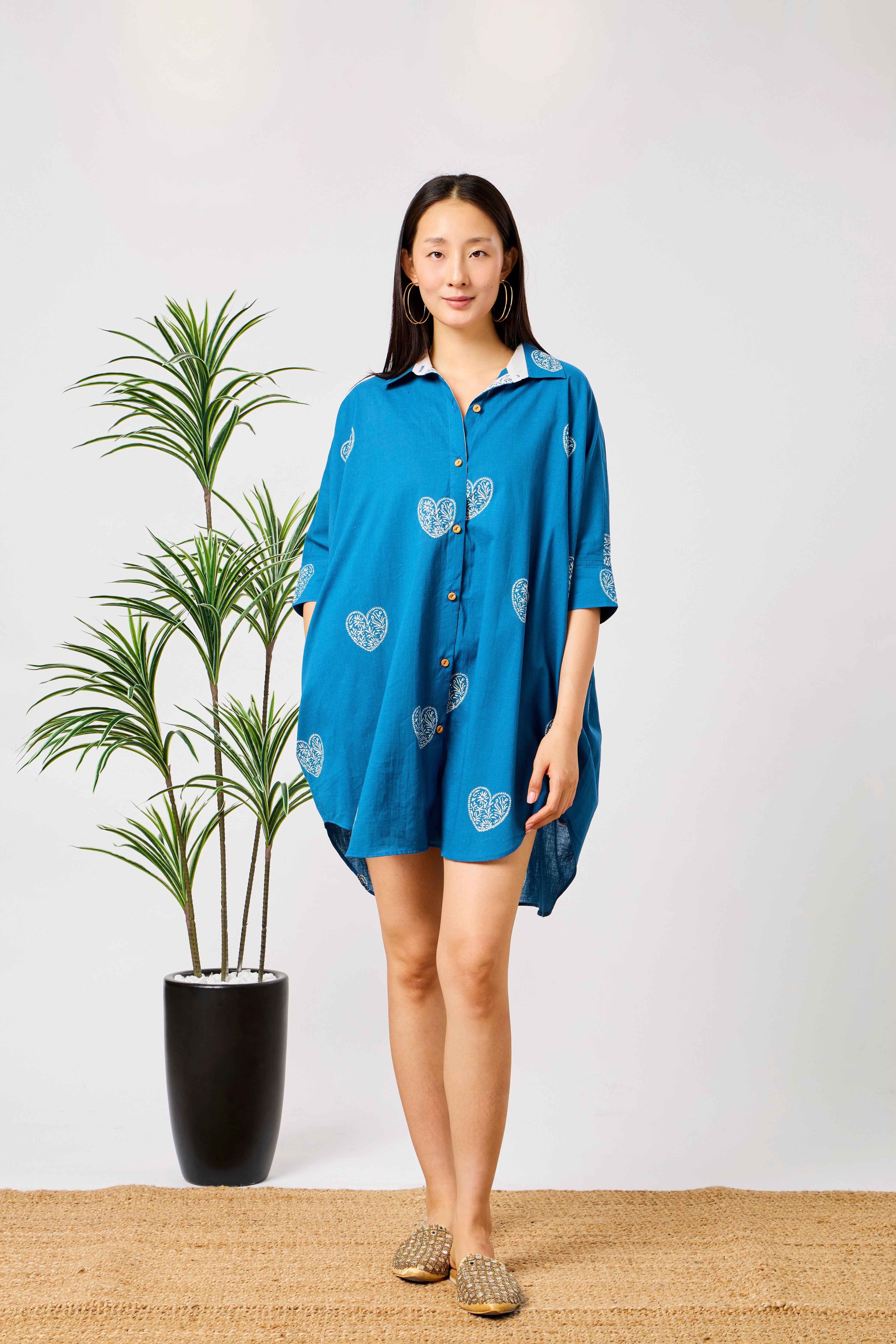 Blue Pure Cotton Oversized Heart Print Shirt Dress | Warda