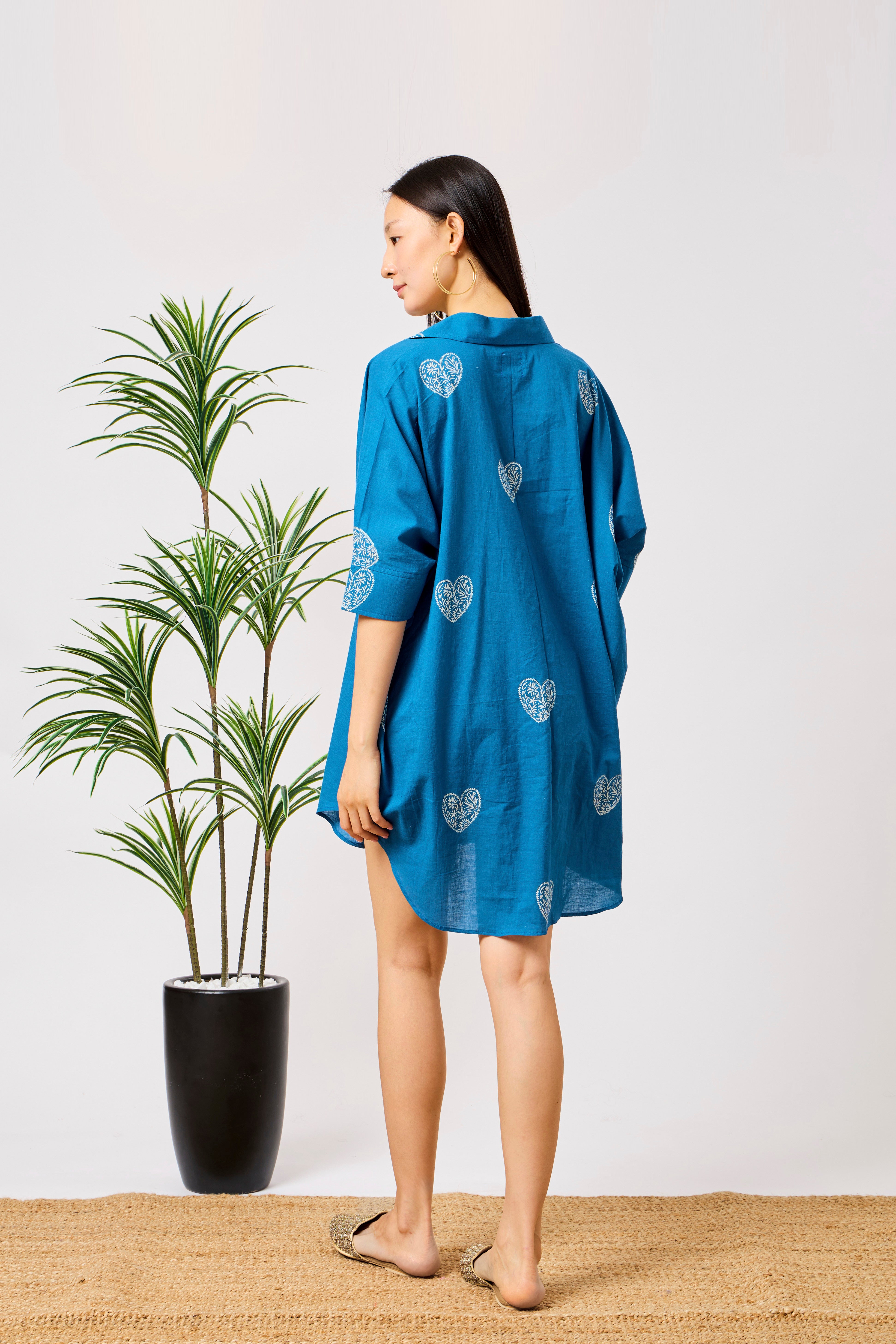 Blue Pure Cotton Oversized Heart Print Shirt Dress | Warda