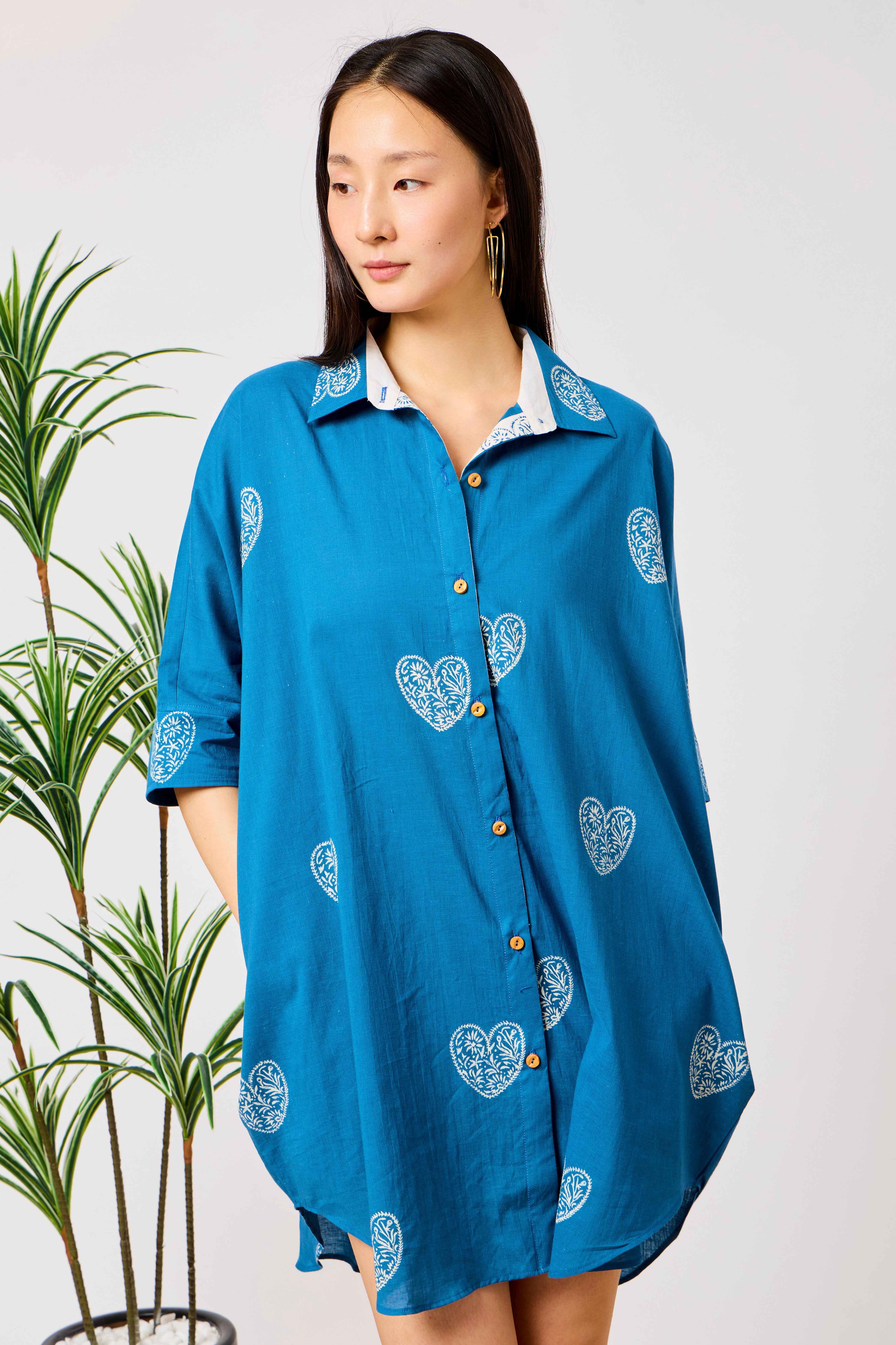 Blue Pure Cotton Oversized Heart Print Shirt Dress | Warda