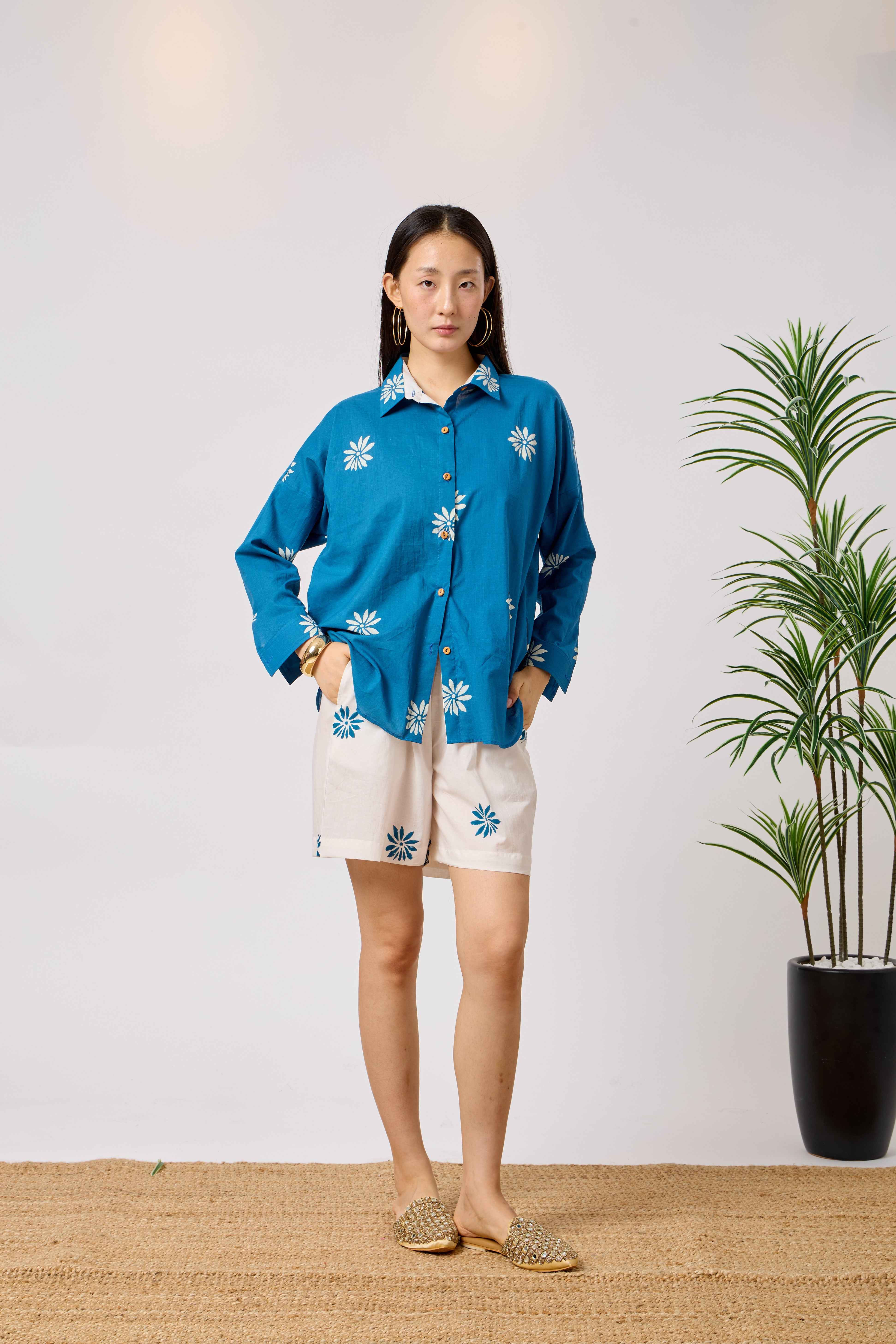 Pure Cotton Blue Floral Print Co-ord Set for Women | Thurayya