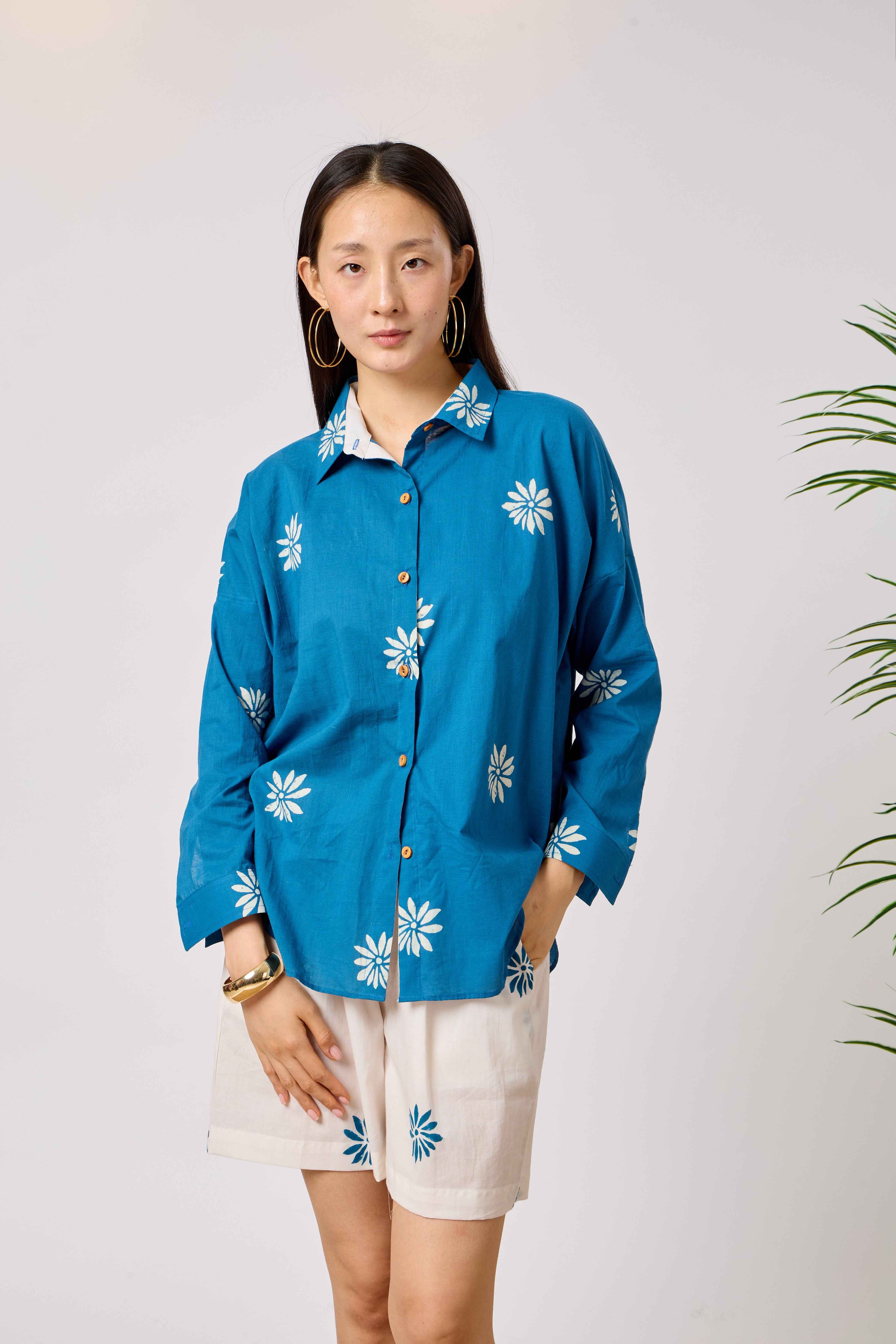 Pure Cotton Blue Floral Print Co-ord Set for Women | Thurayya