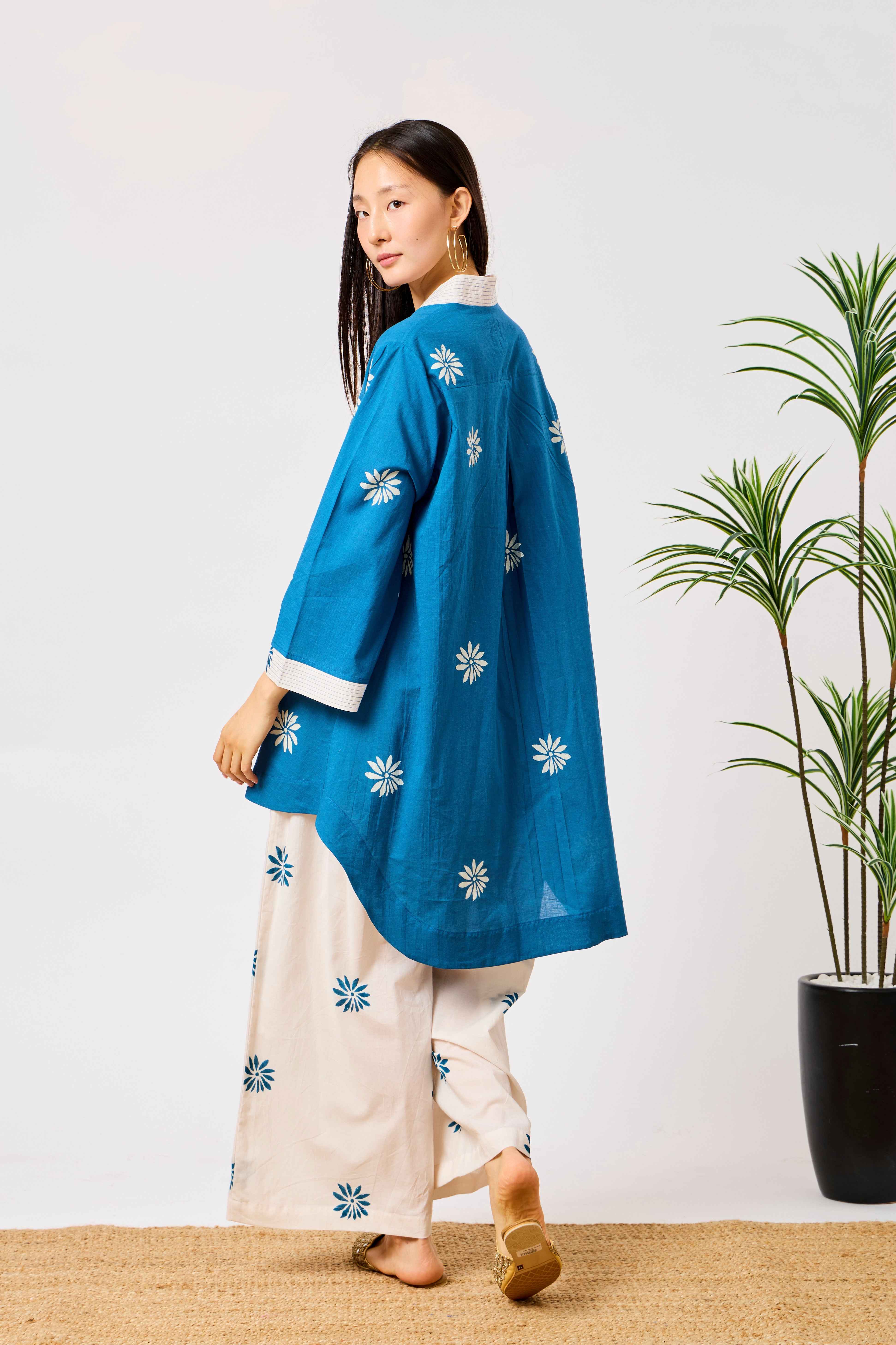 Pure Cotton Blue & White Floral Print Co-ord Set for Women | Yasmina