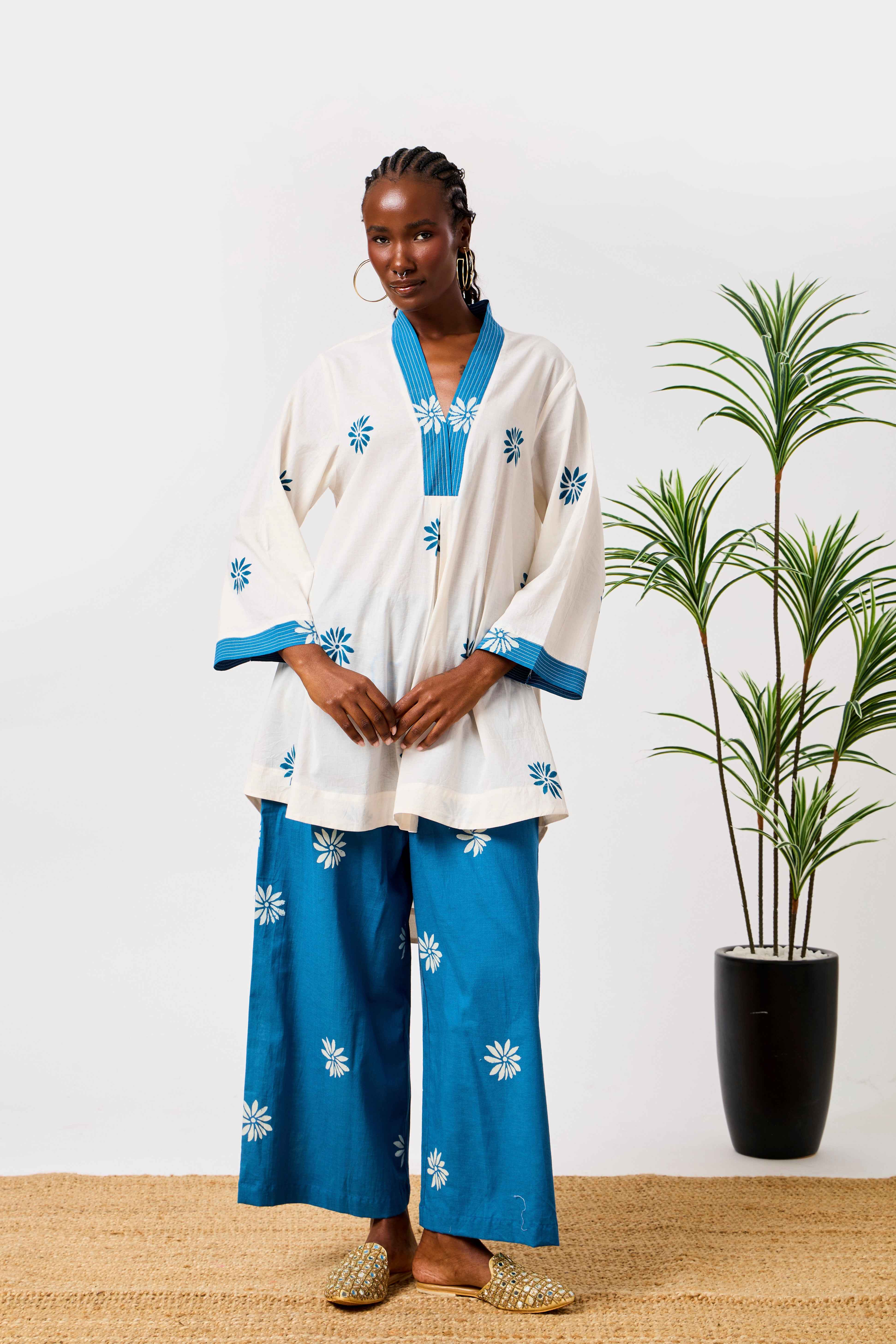 Pure Cotton White & Blue Floral Print Co-ord Set for Women | Najwa