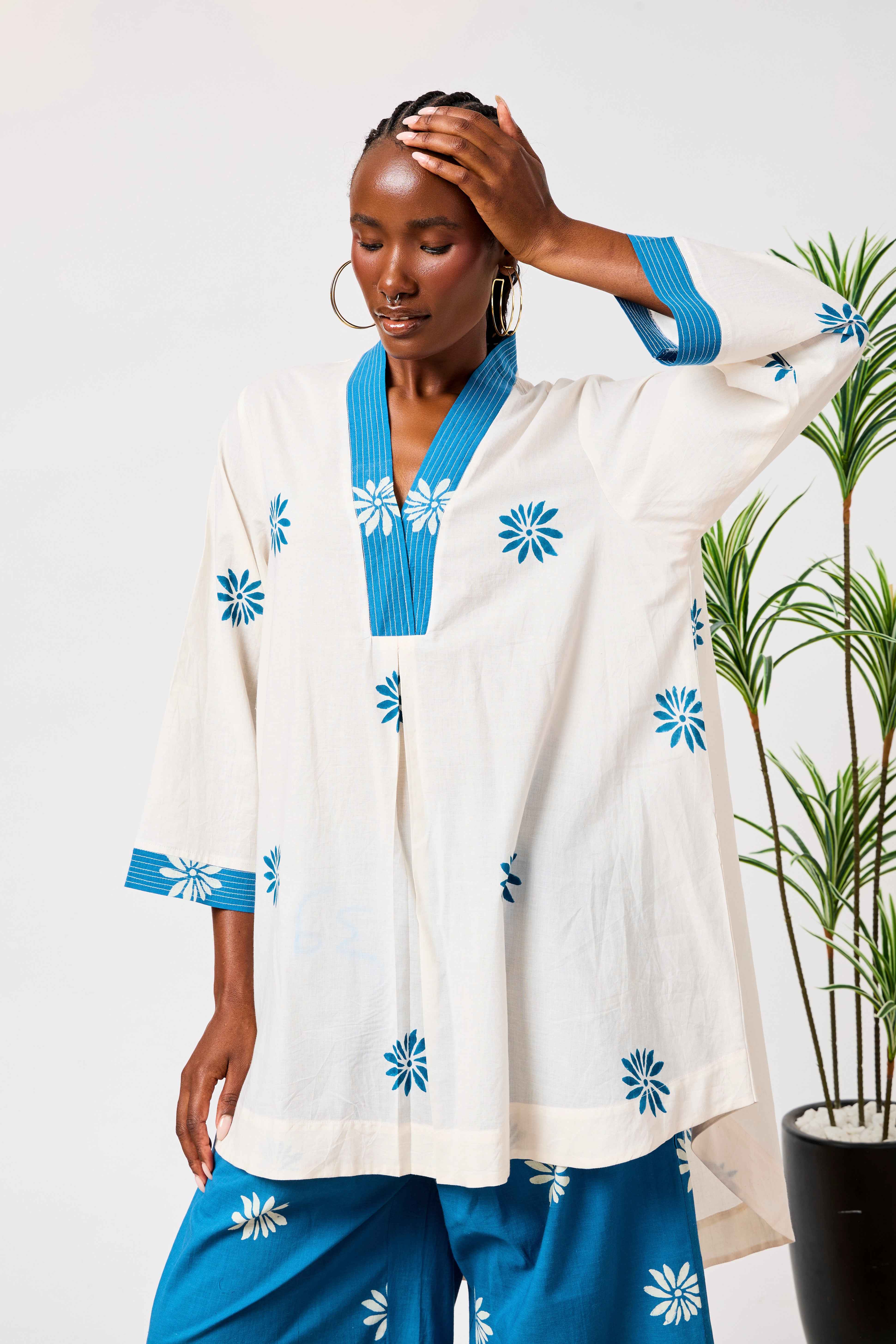 Pure Cotton White & Blue Floral Print Co-ord Set for Women | Najwa