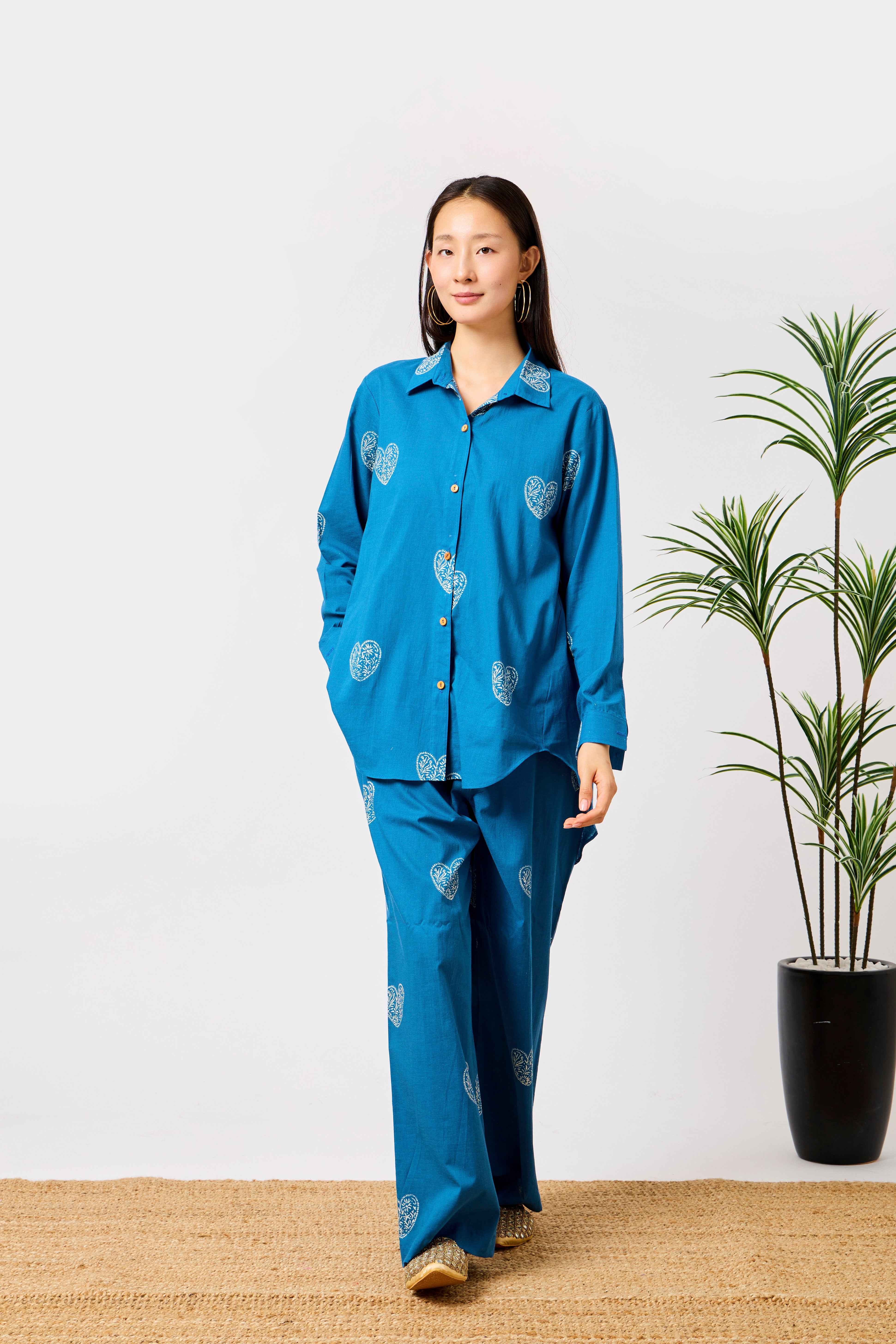 Pure Cotton Blue Heart Print Co-ord Set for Women | Safiyya