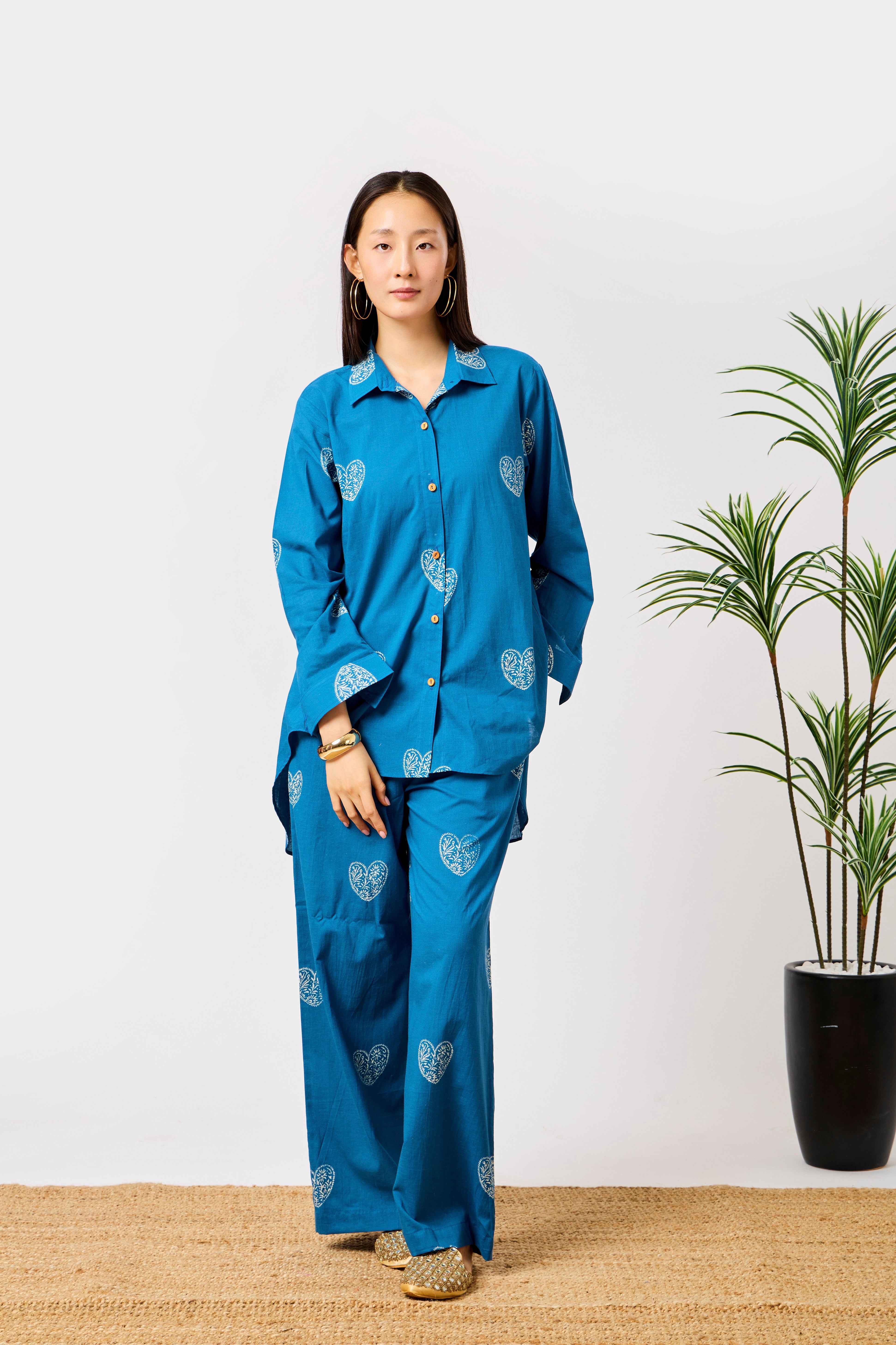 Pure Cotton Blue Heart Print Co-ord Set for Women | Safiyya