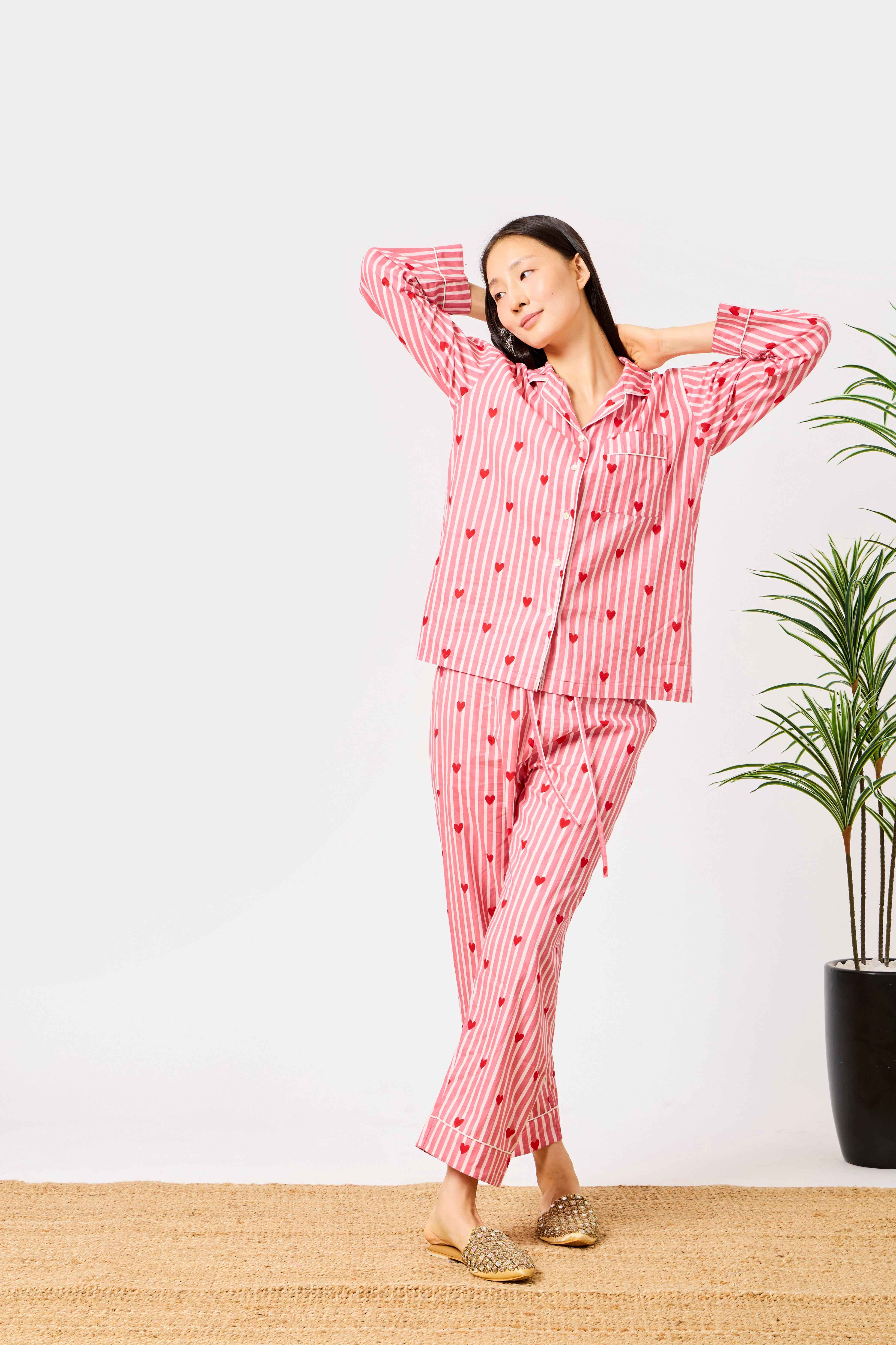 Pink Cotton Heart Print Striped Night Suit Set for Women | Raneem