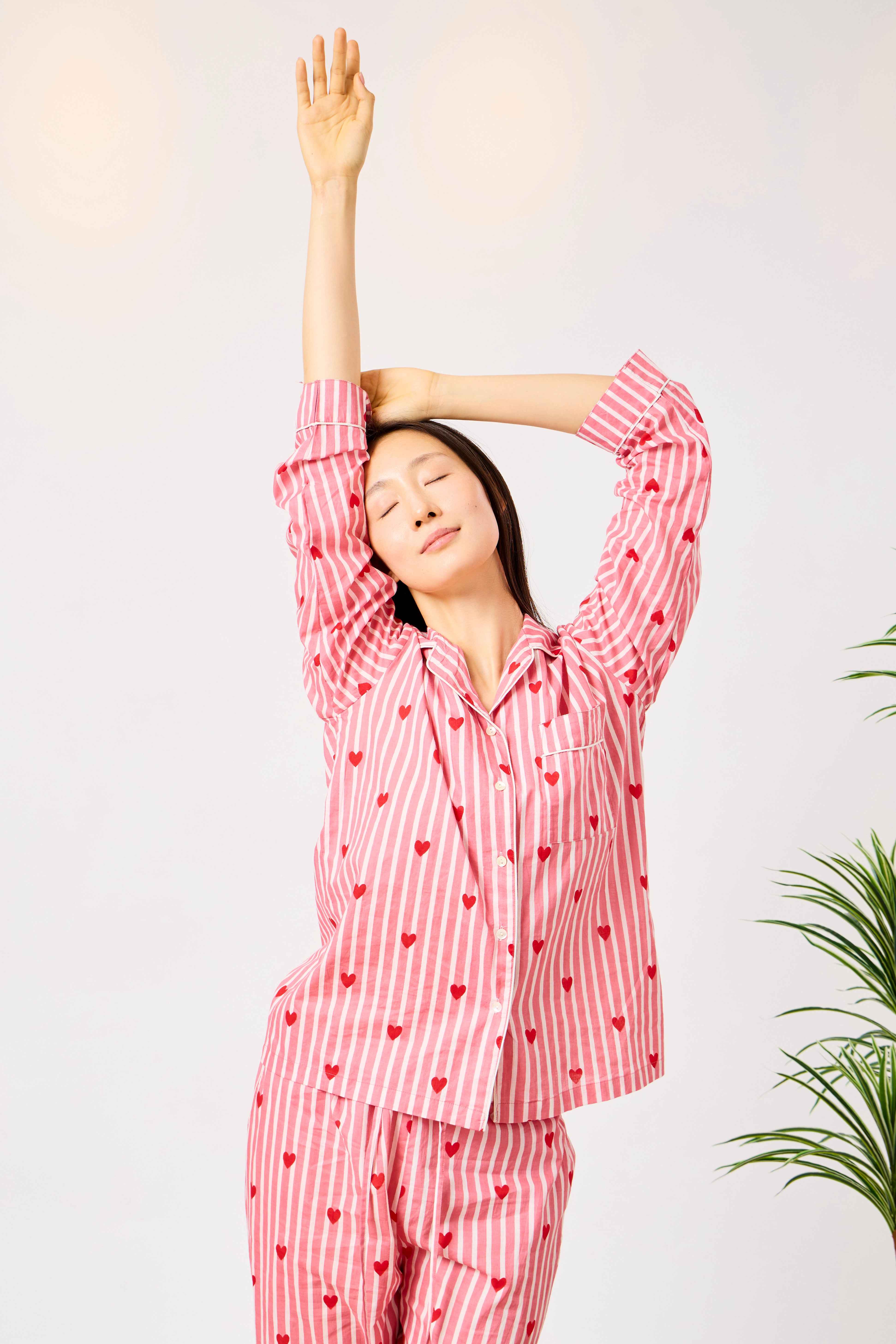 Pink Cotton Heart Print Striped Night Suit Set for Women | Raneem