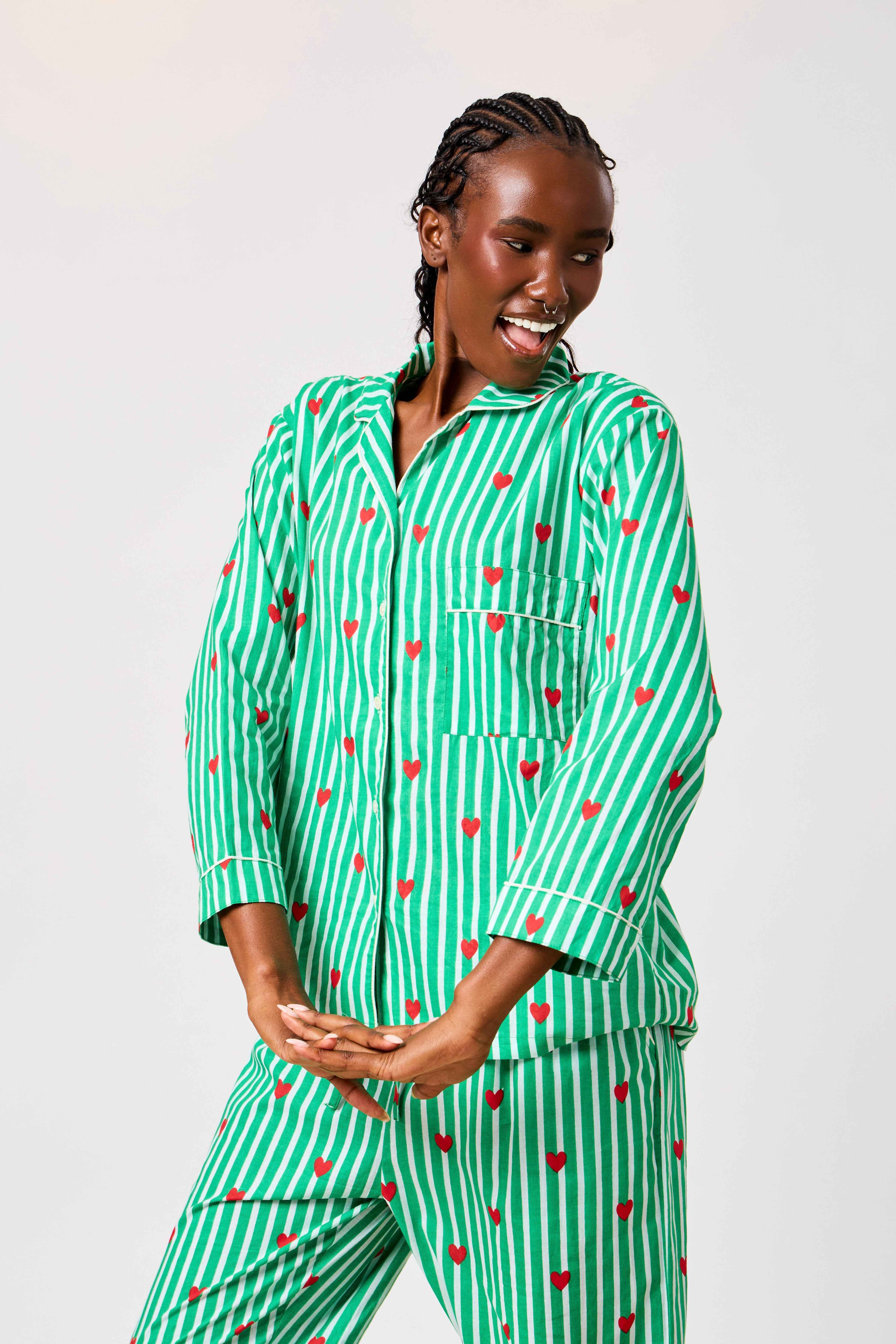 Green Cotton Heart Print Striped Night Suit Set for Women | Widad