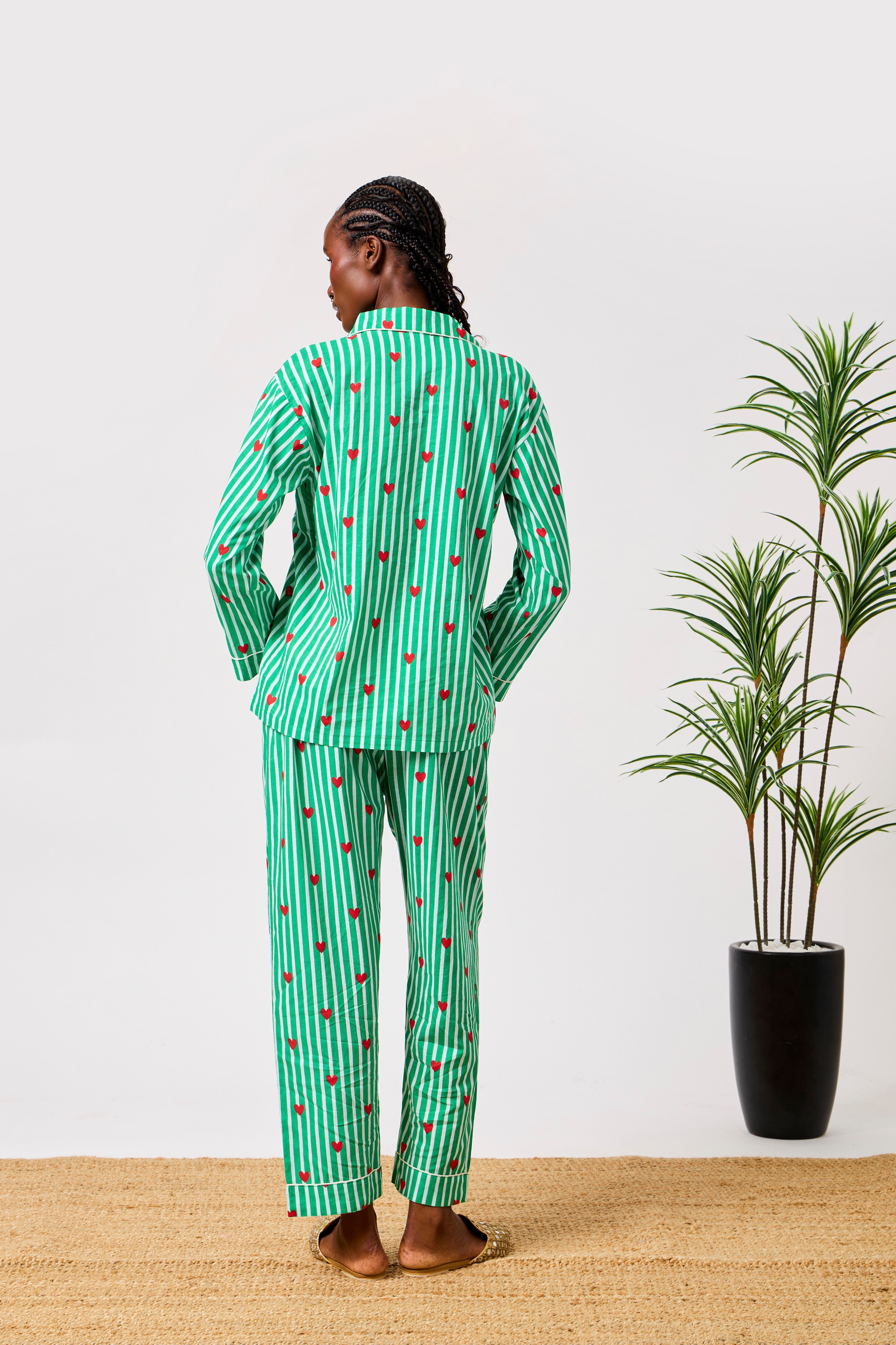 Green Cotton Heart Print Striped Night Suit Set for Women | Widad