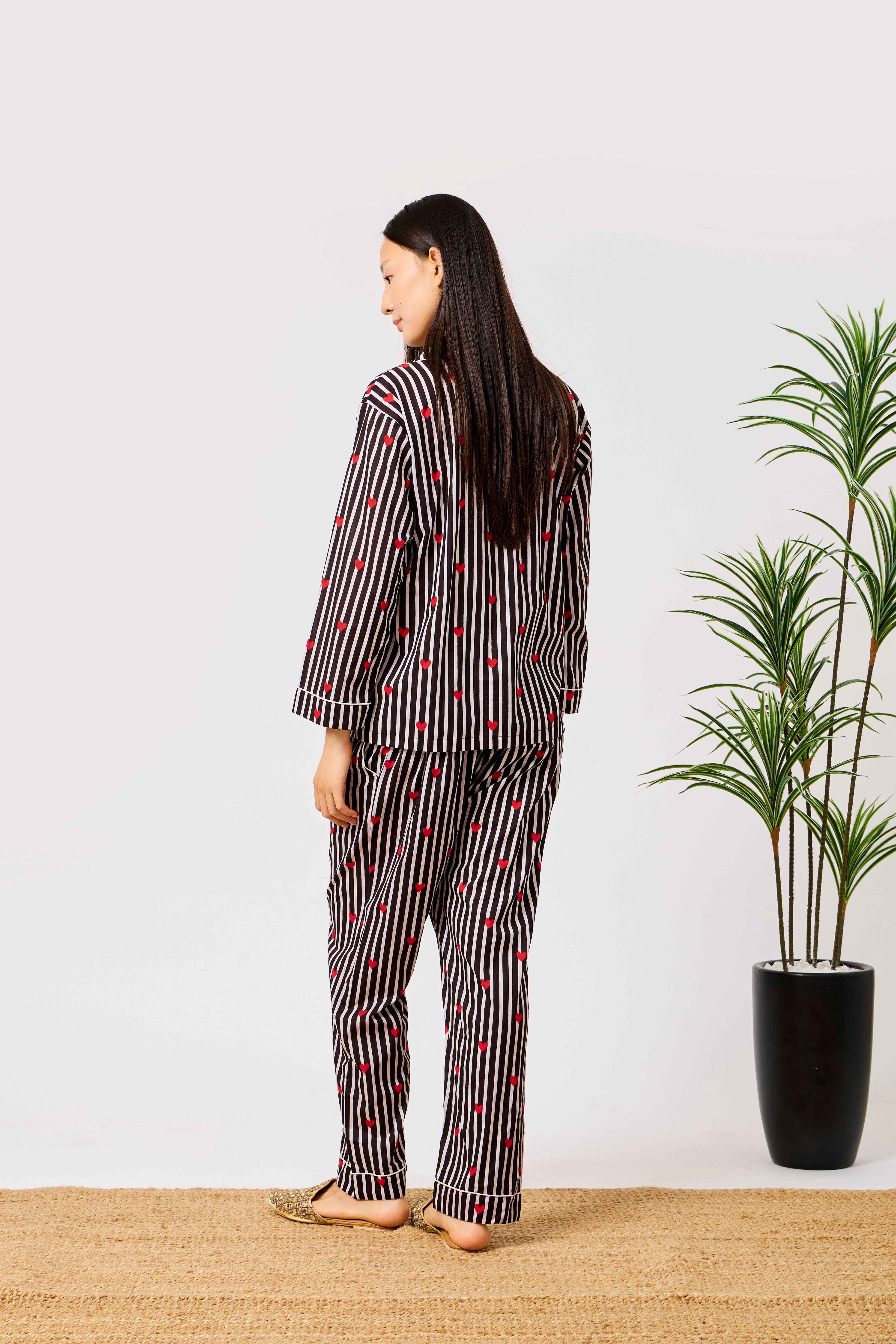 Black Cotton Heart Print Striped Night Suit Set for Women | Lulwa