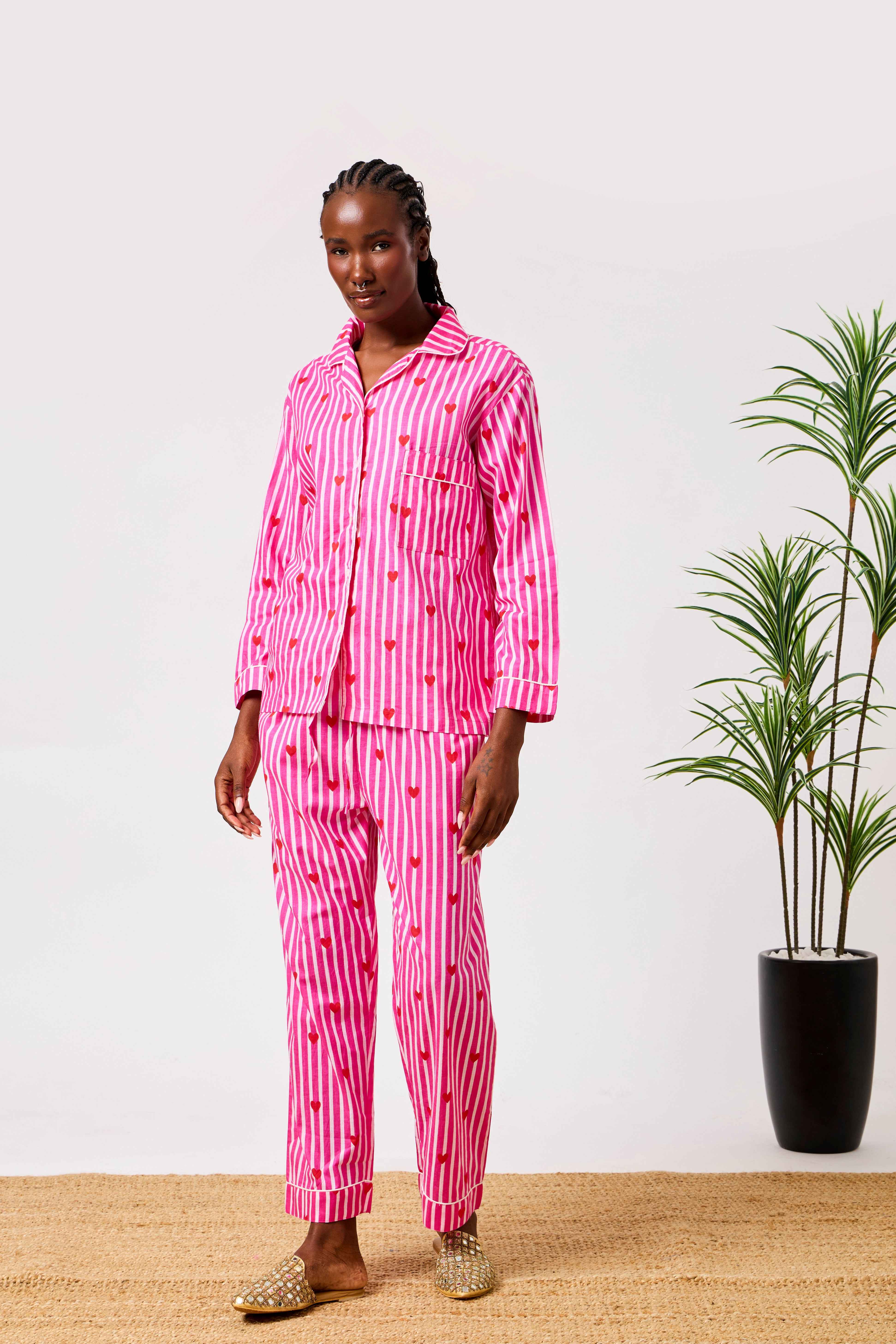 Pink Cotton Heart Print Striped Night Suit Set for Women | Shahd