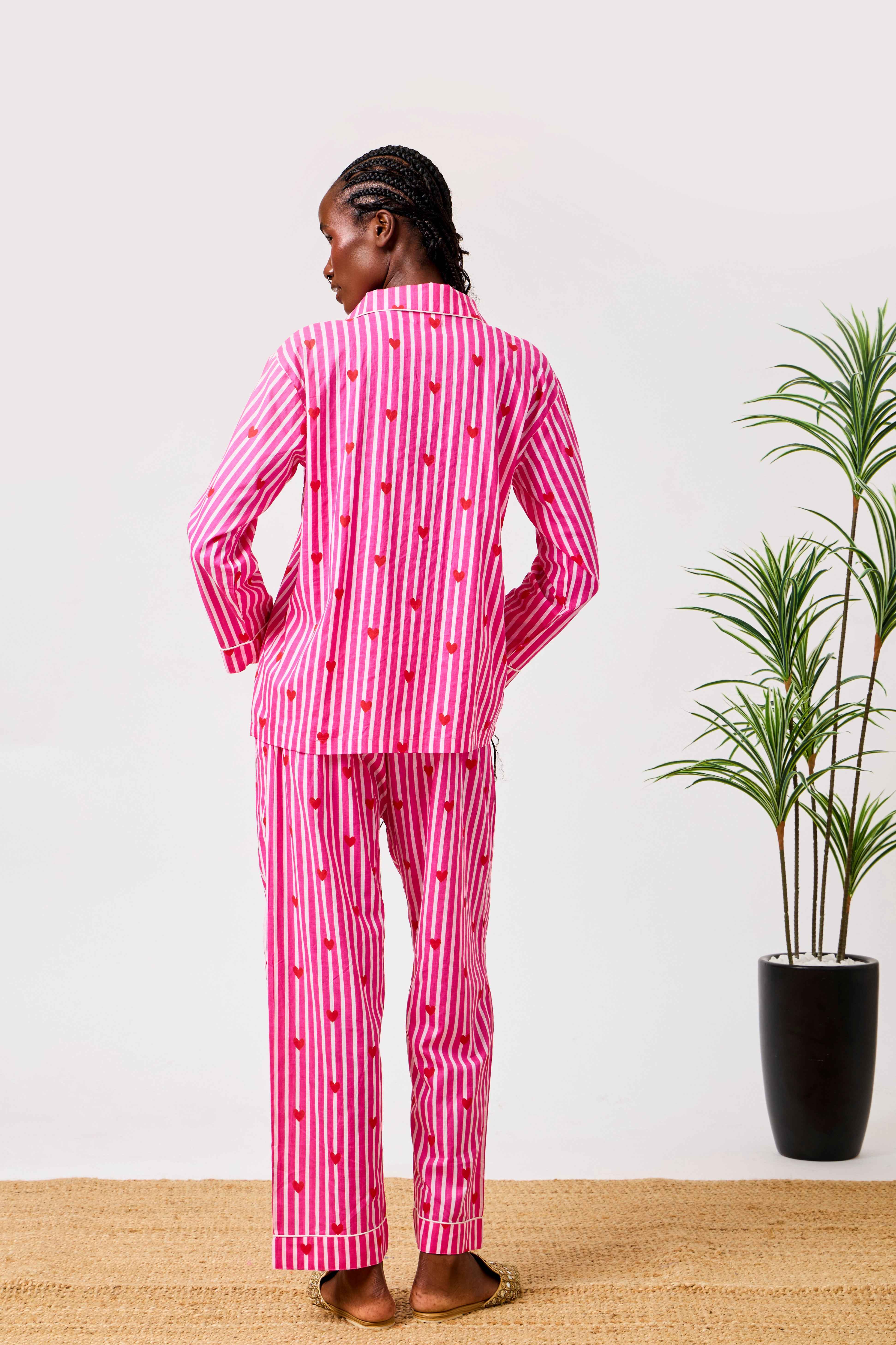 Pink Cotton Heart Print Striped Night Suit Set for Women | Shahd